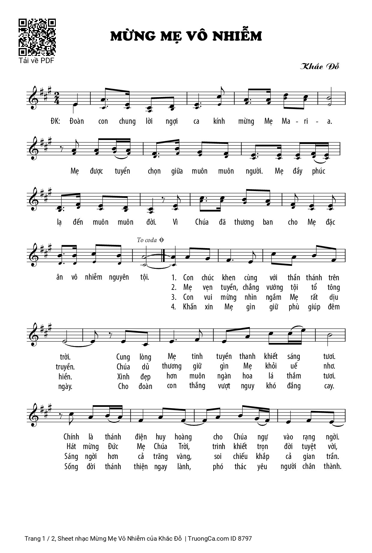 Page 1 of Sheet music PDF Mừng Mẹ Vô Nhiễm - Khắc Đỗ