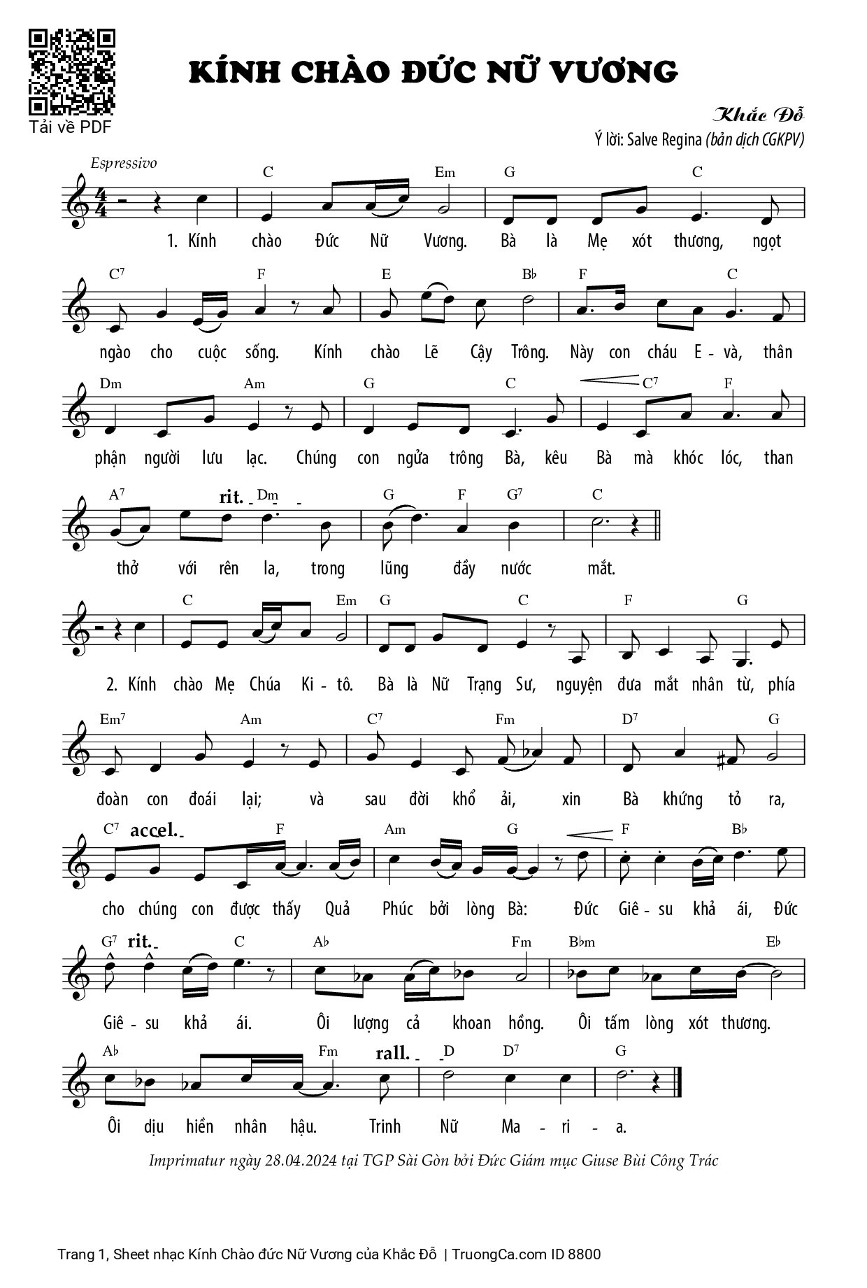 Sheet PDF of Kính Chào đức Nữ Vương