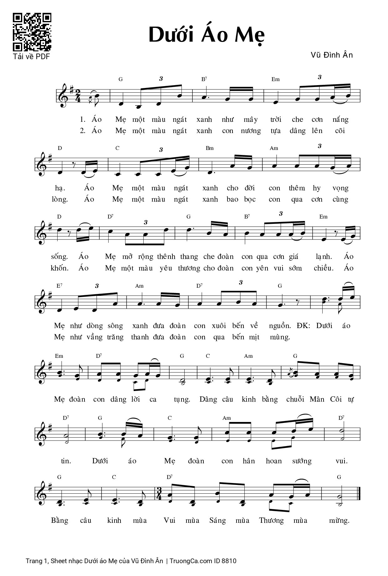 Page 1 of Sheet music PDF Dưới áo Mẹ - Vũ Đình Ân