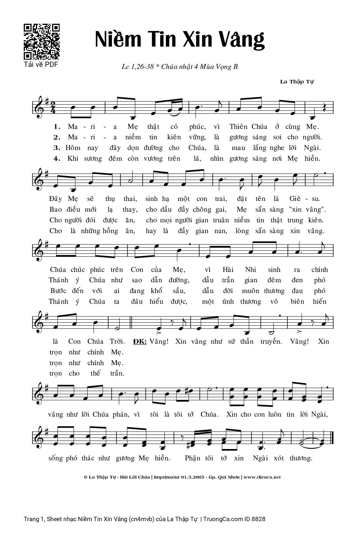 Page 1 of Sheet music PDF Niềm Tin Xin Vâng (cn4mvb) - La Thập Tự