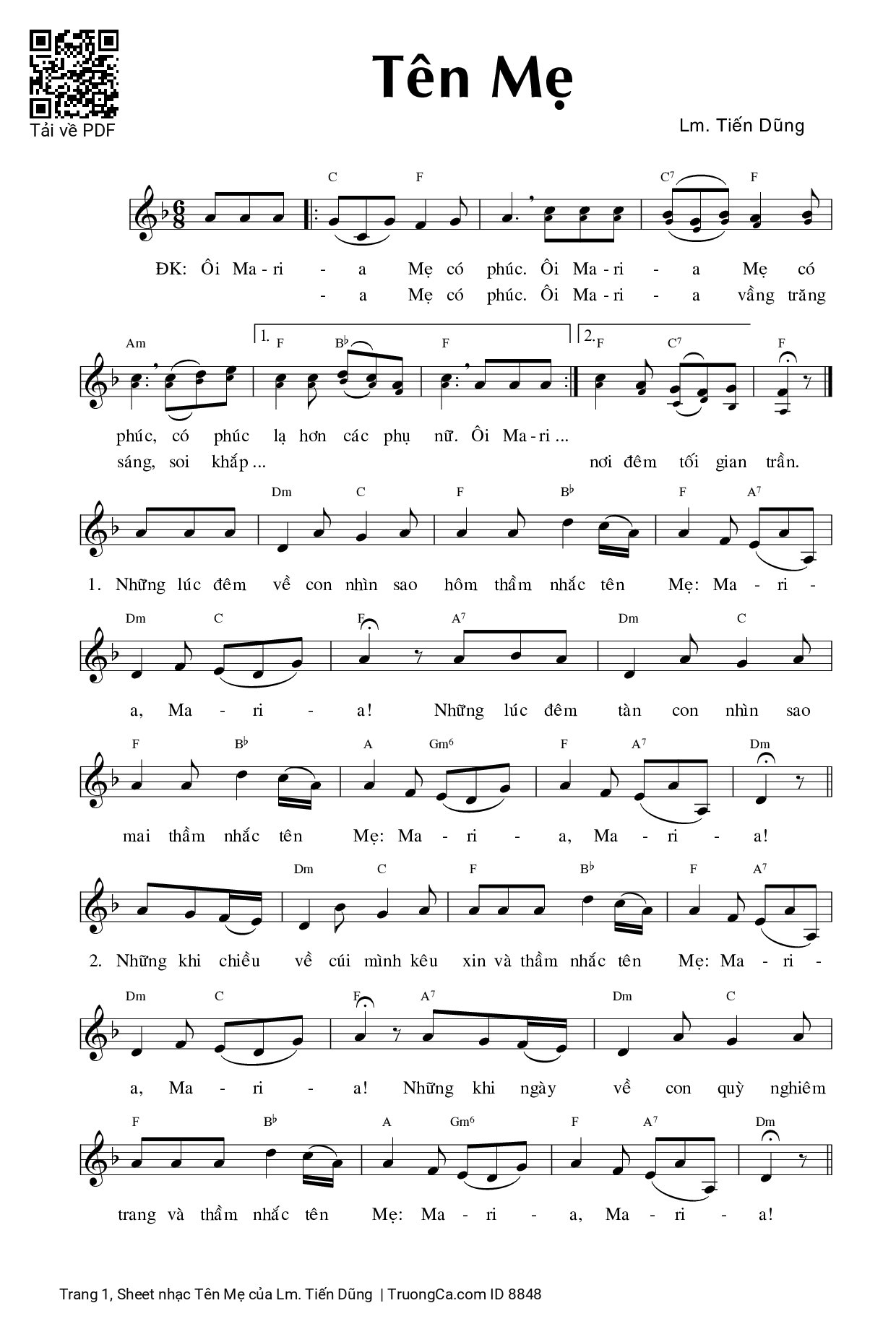 Sheet PDF of Tên Mẹ - Lm. Tiến Dũng