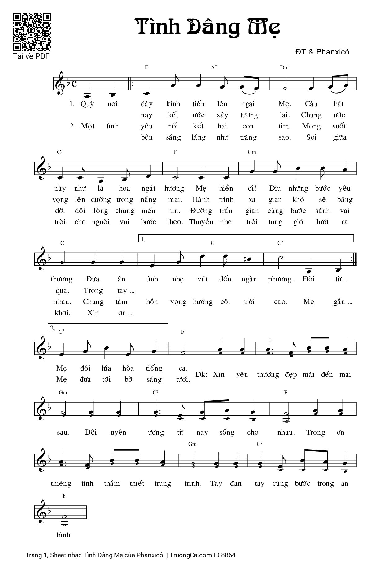 Page 1 of Sheet music PDF Tình Dâng Mẹ - Phanxicô