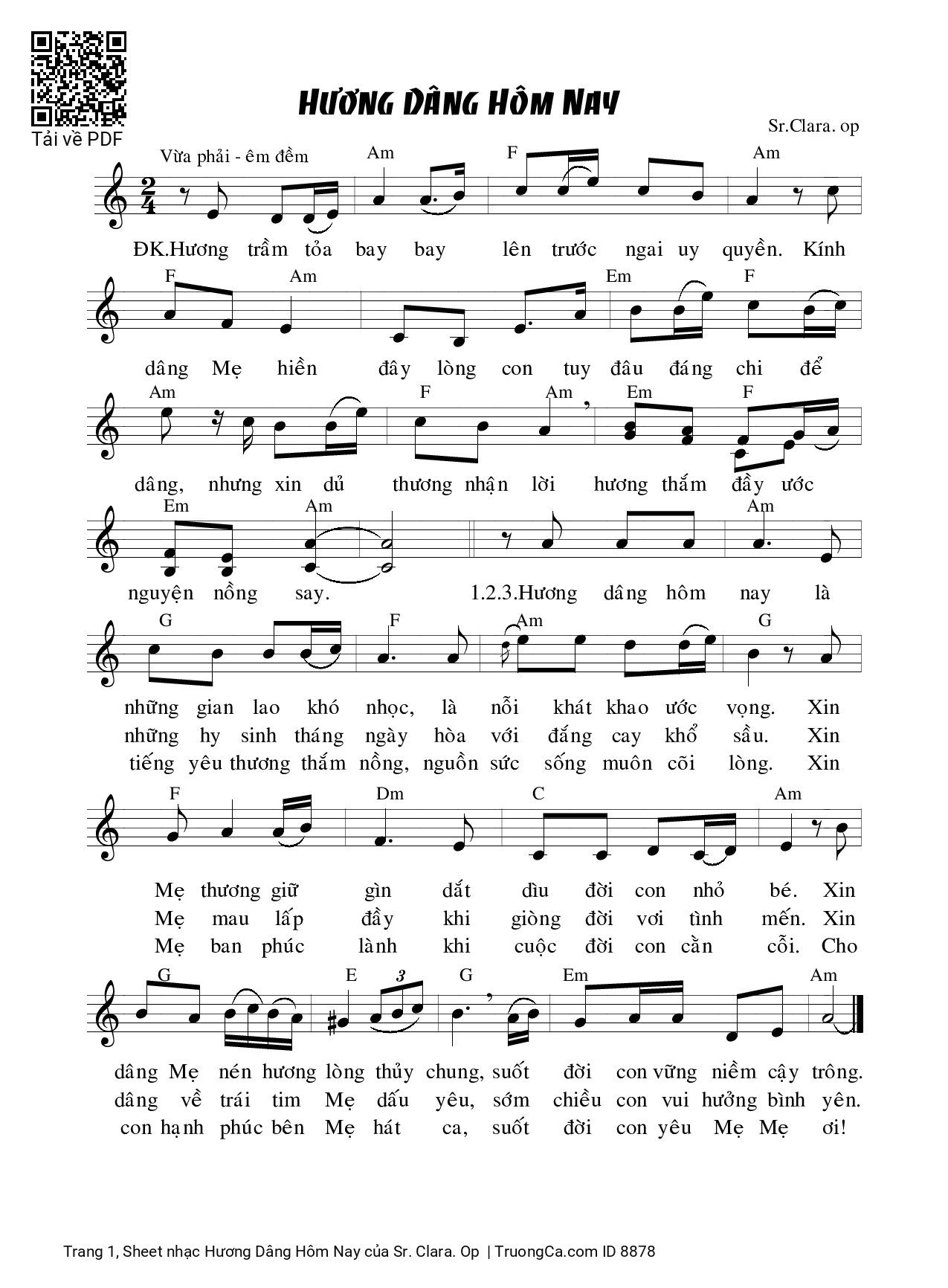 Page 1 of Sheet music PDF Hương Dâng Hôm Nay - Sr. Clara. Op