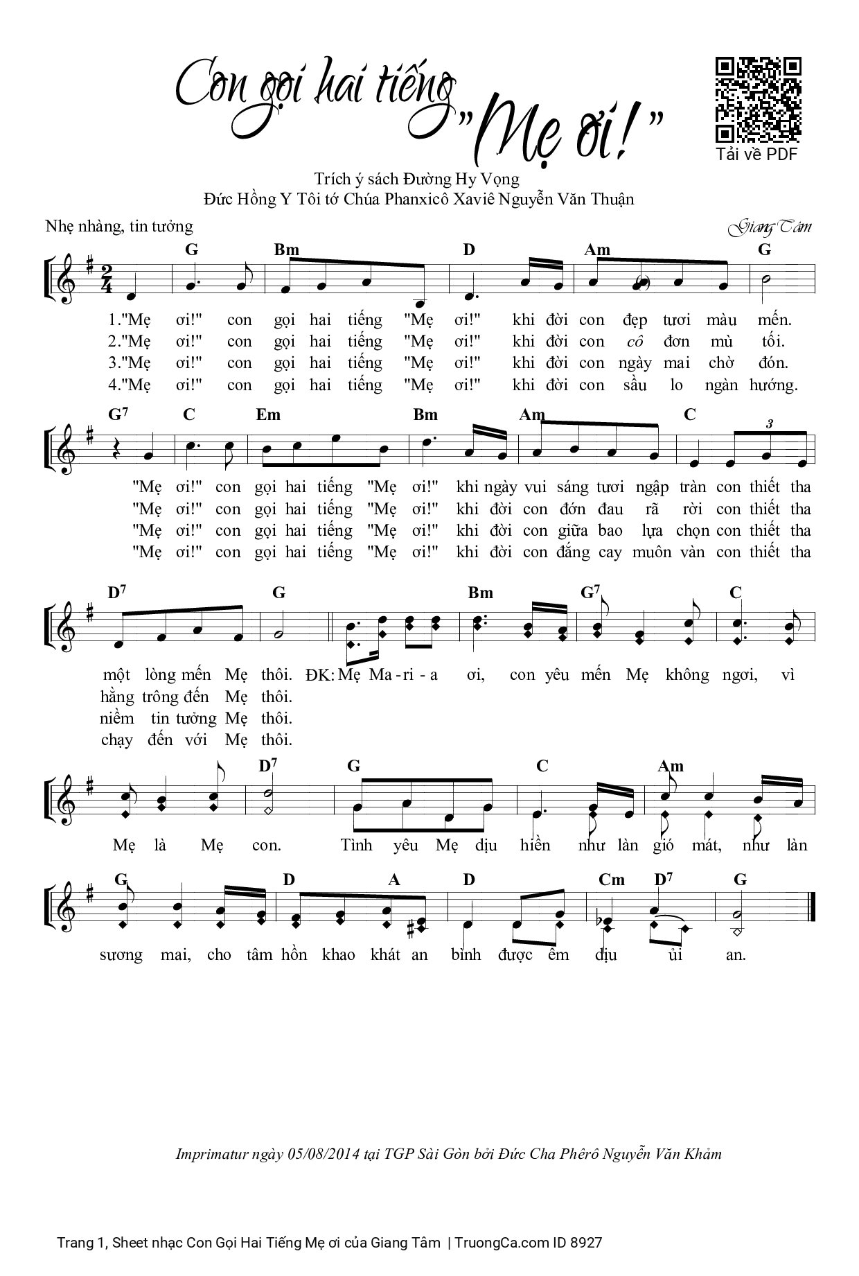 Sheet PDF of Con Gọi Hai Tiếng Mẹ ơi
