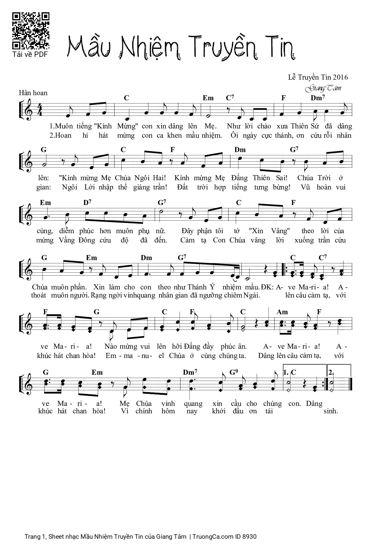 Page 1 of Sheet music PDF Mầu Nhiệm Truyền Tin - Giang Tâm