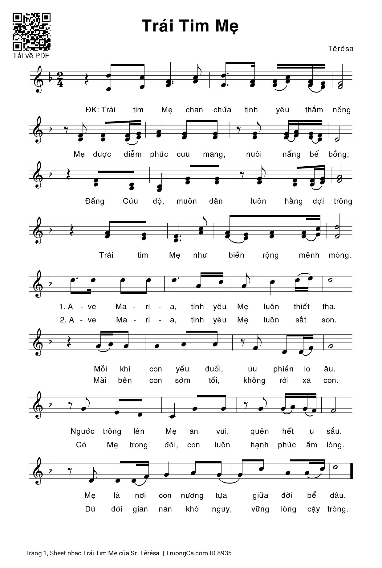 Sheet PDF of Trái Tim Mẹ - Sr. Têrêsa
