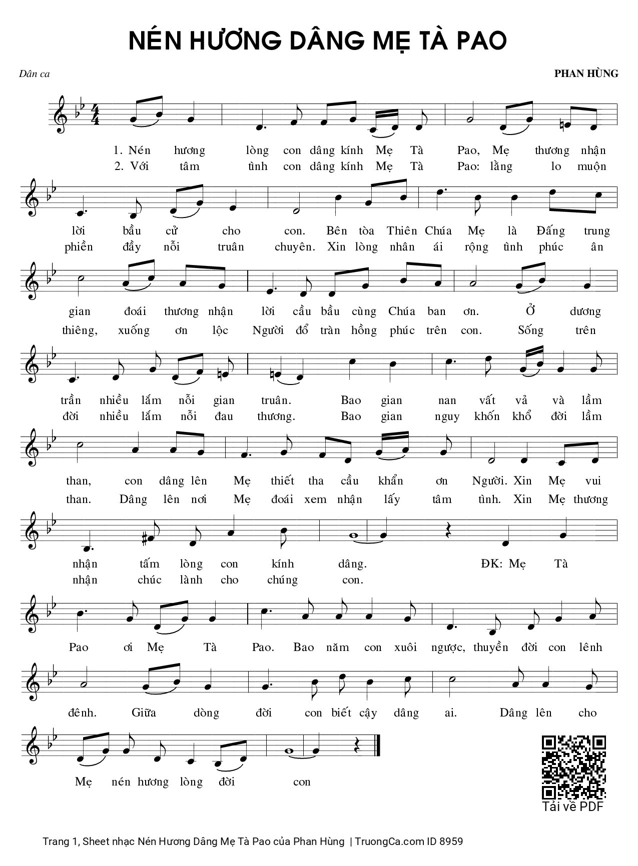 Sheet PDF of Nén Hương Dâng Mẹ Tà Pao