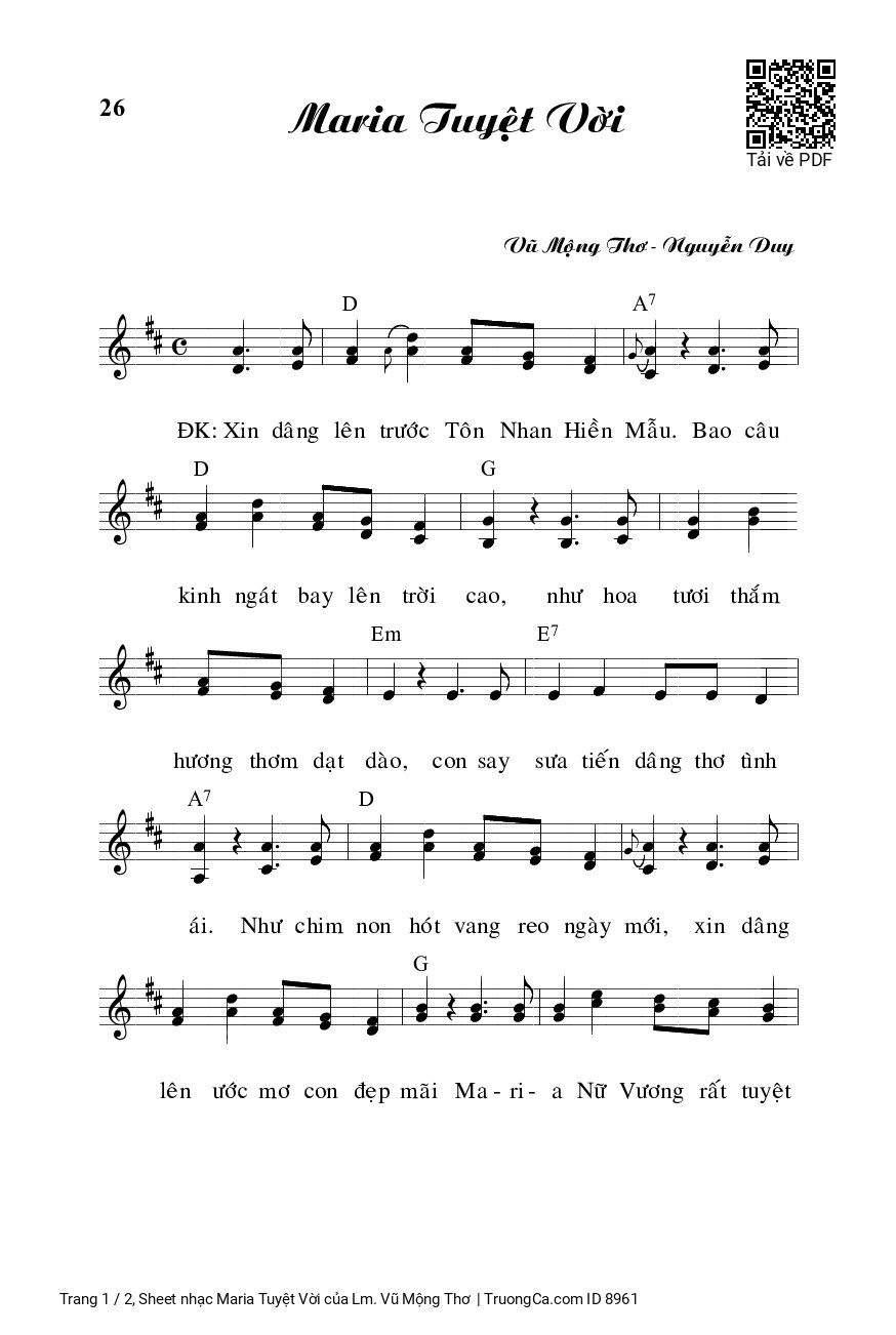 Sheet PDF of Maria Tuyệt Vời