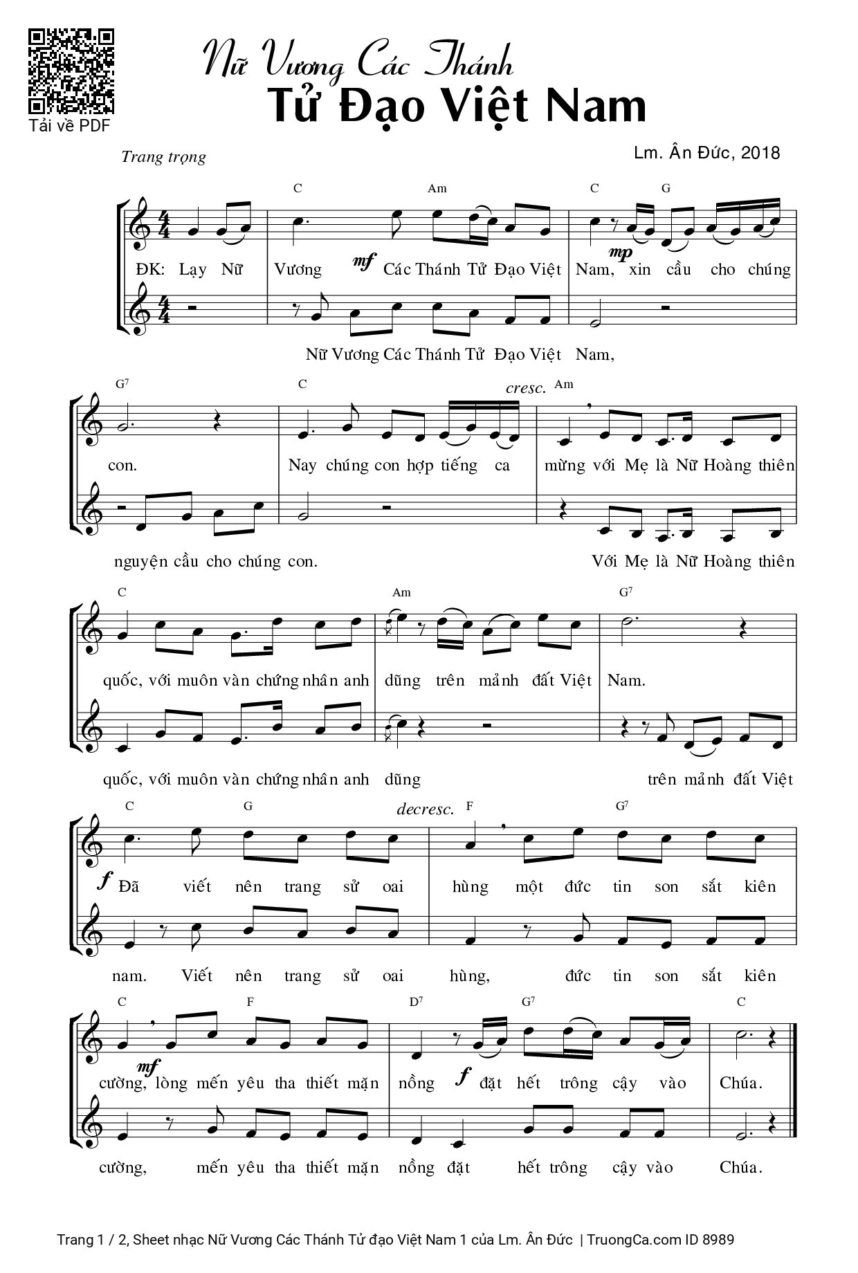 Sheet PDF of Nữ Vương Các Thánh Tử đạo Việt Nam 1