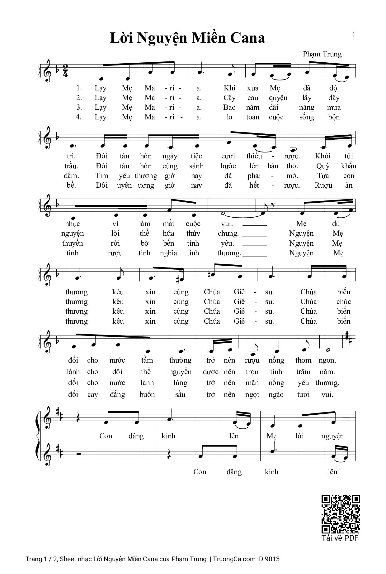 Sheet PDF of Lời Nguyện Miền Cana