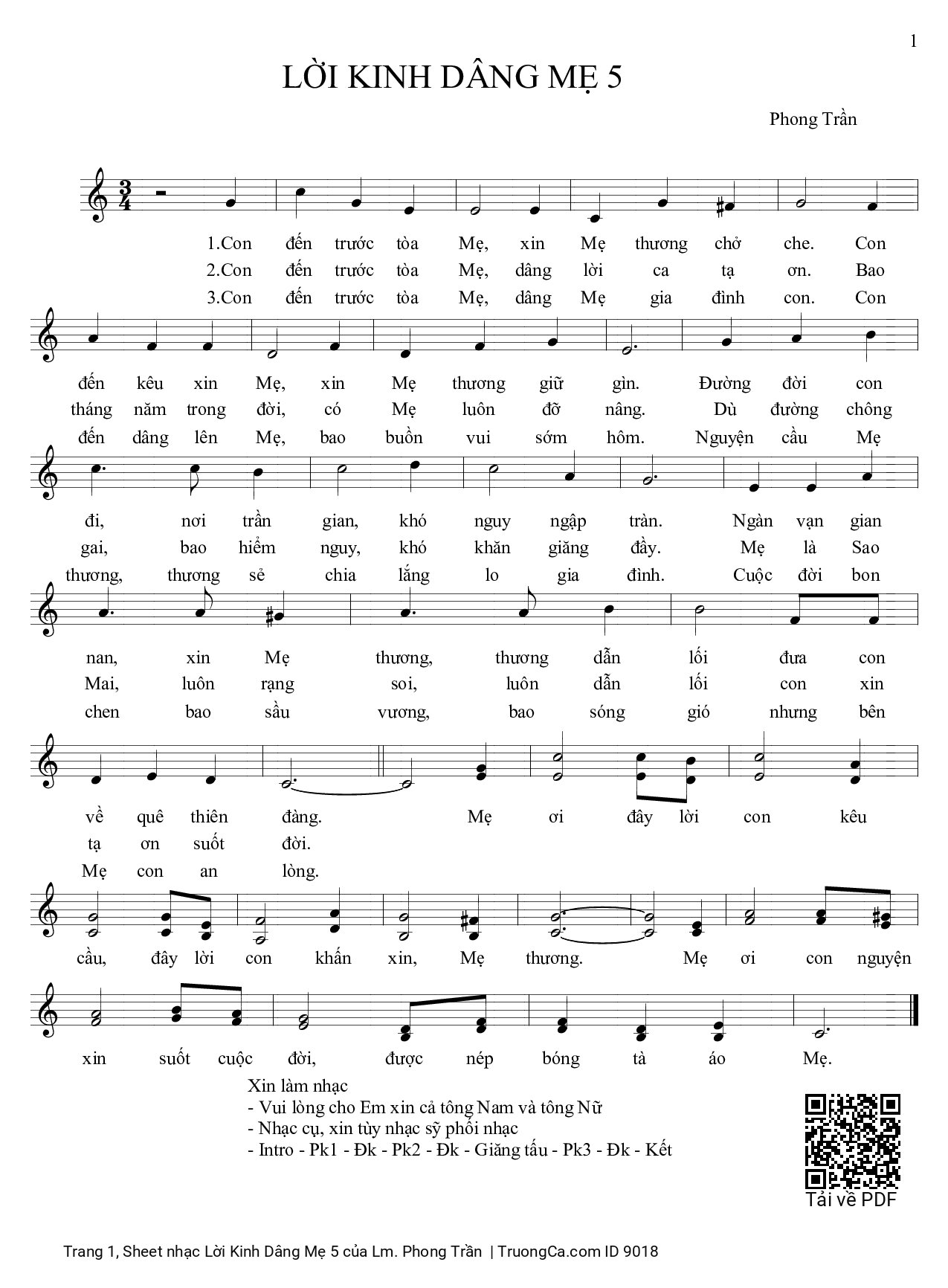 Page 1 of Sheet music PDF Lời Kinh Dâng Mẹ 5 - Lm. Phong Trần