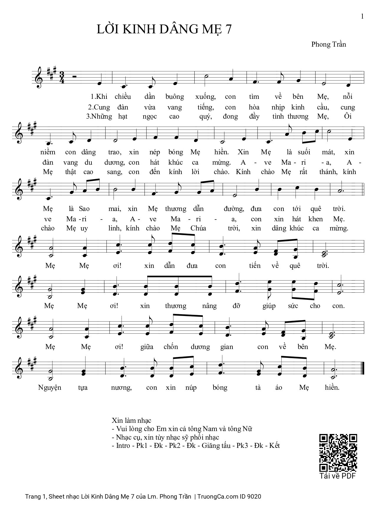Page 1 of Sheet music PDF Lời Kinh Dâng Mẹ 7 - Lm. Phong Trần