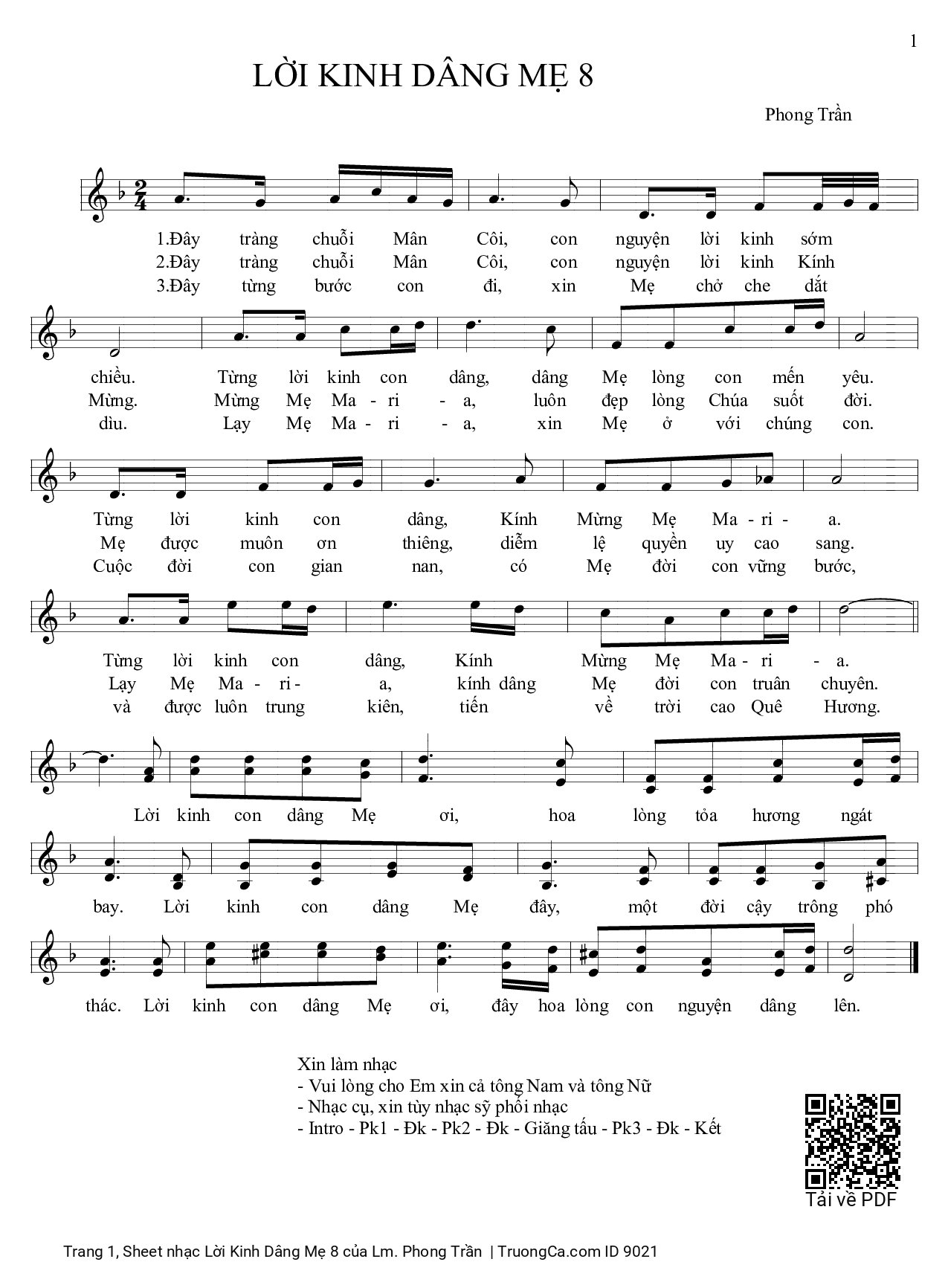 Page 1 of Sheet music PDF Lời Kinh Dâng Mẹ 8 - Lm. Phong Trần