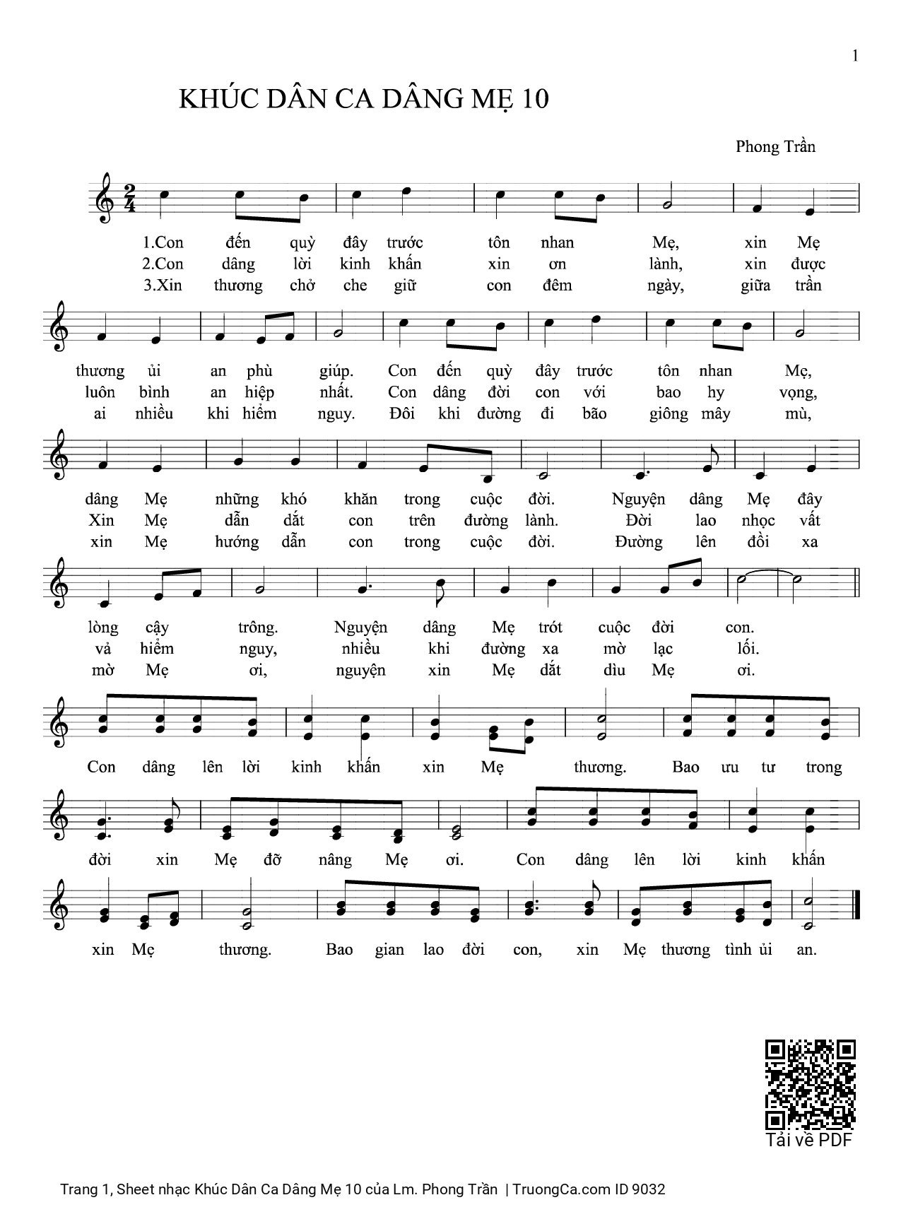 Page 1 of Sheet music PDF Khúc Dân Ca Dâng Mẹ 10 - Lm. Phong Trần
