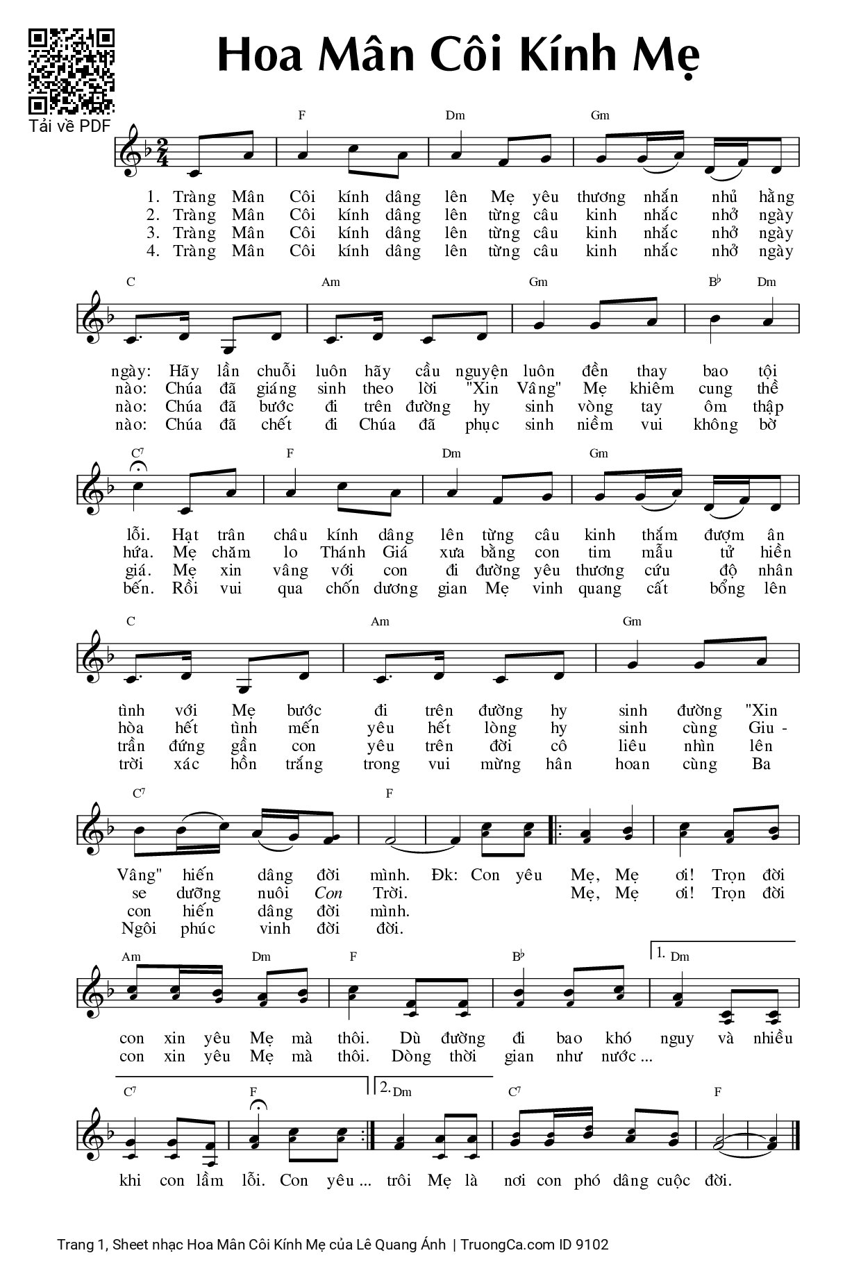 Sheet PDF of Hoa Mân Côi Kính Mẹ