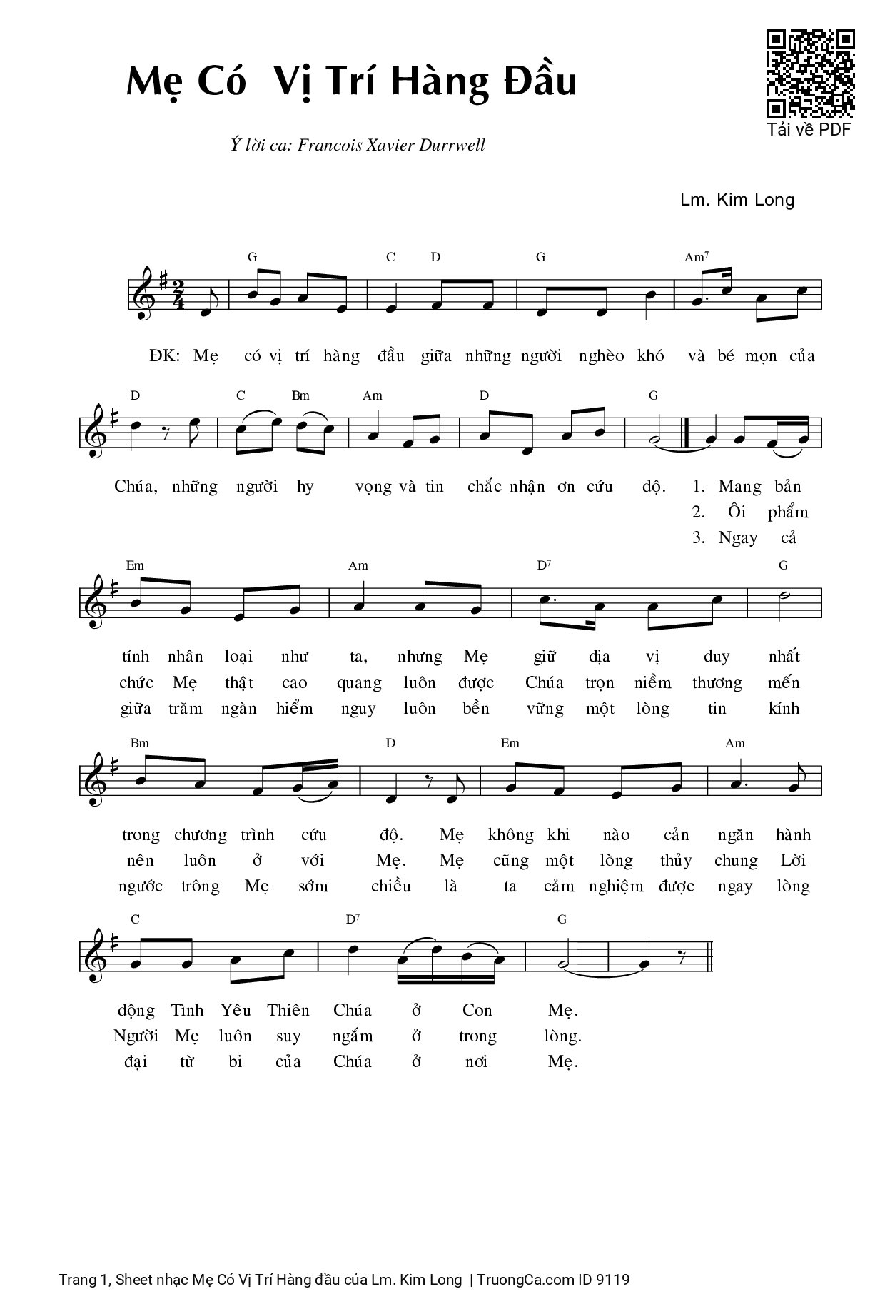 Page 1 of Sheet music PDF Mẹ Có Vị Trí Hàng đầu - Lm. Kim Long