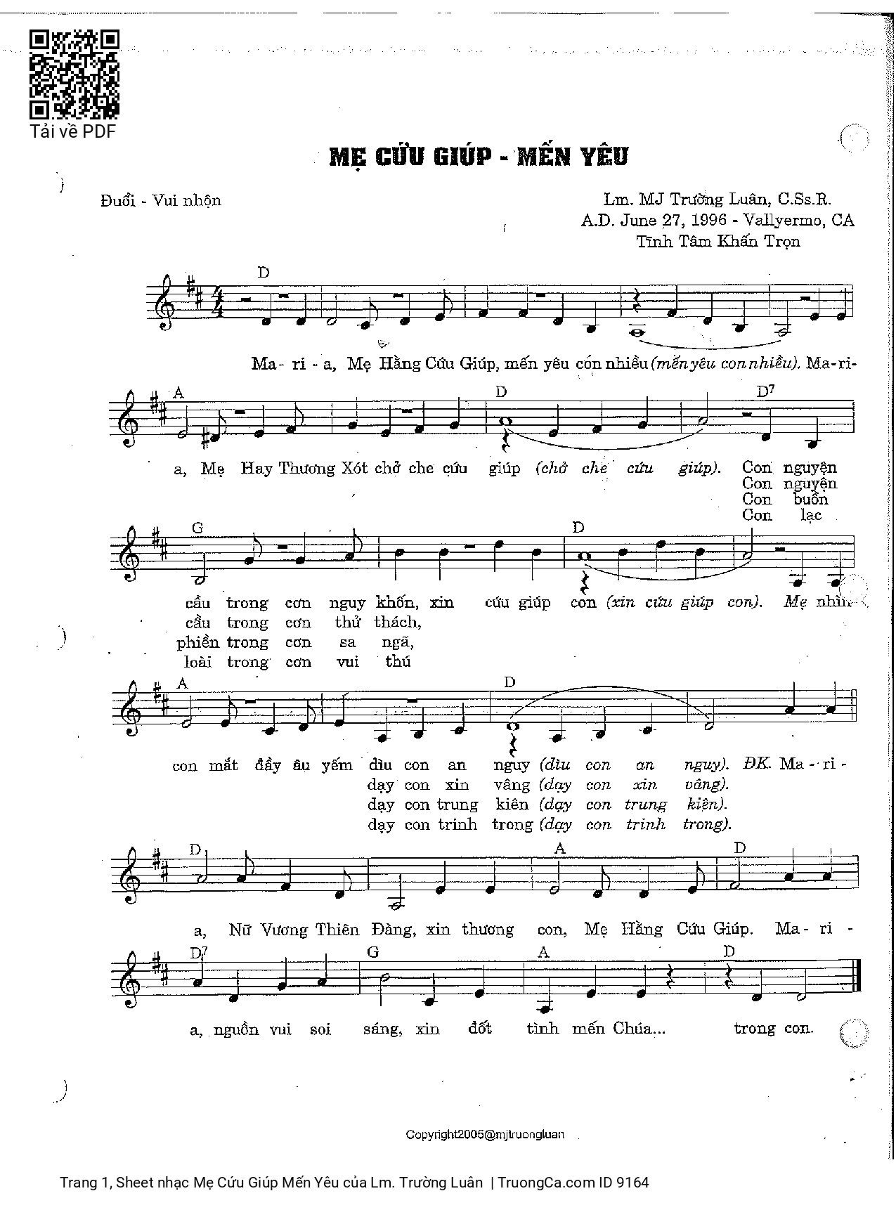 Sheet PDF of Mẹ Cứu Giúp Mến Yêu