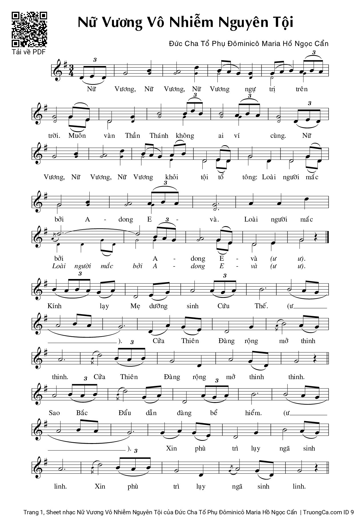 Sheet PDF of Nữ Vương Vô Nhiễm Nguyên Tội