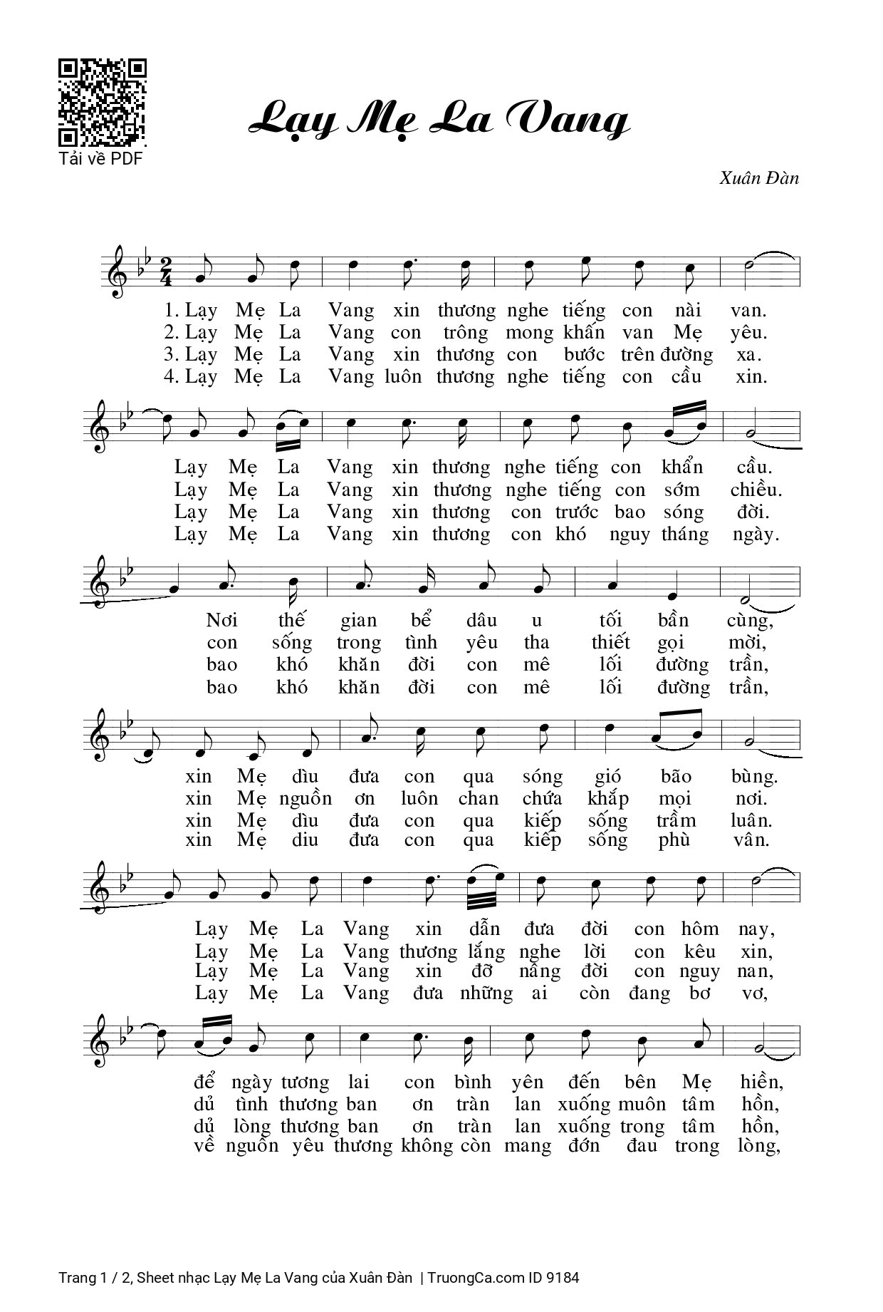Page 1 of Sheet music PDF Lạy Mẹ La Vang - Xuân Đàn