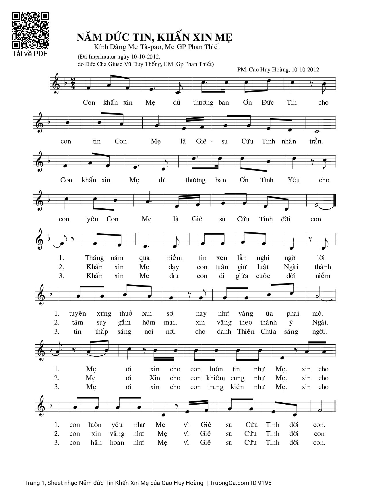 Sheet PDF of Năm đức Tin Khấn Xin Mẹ