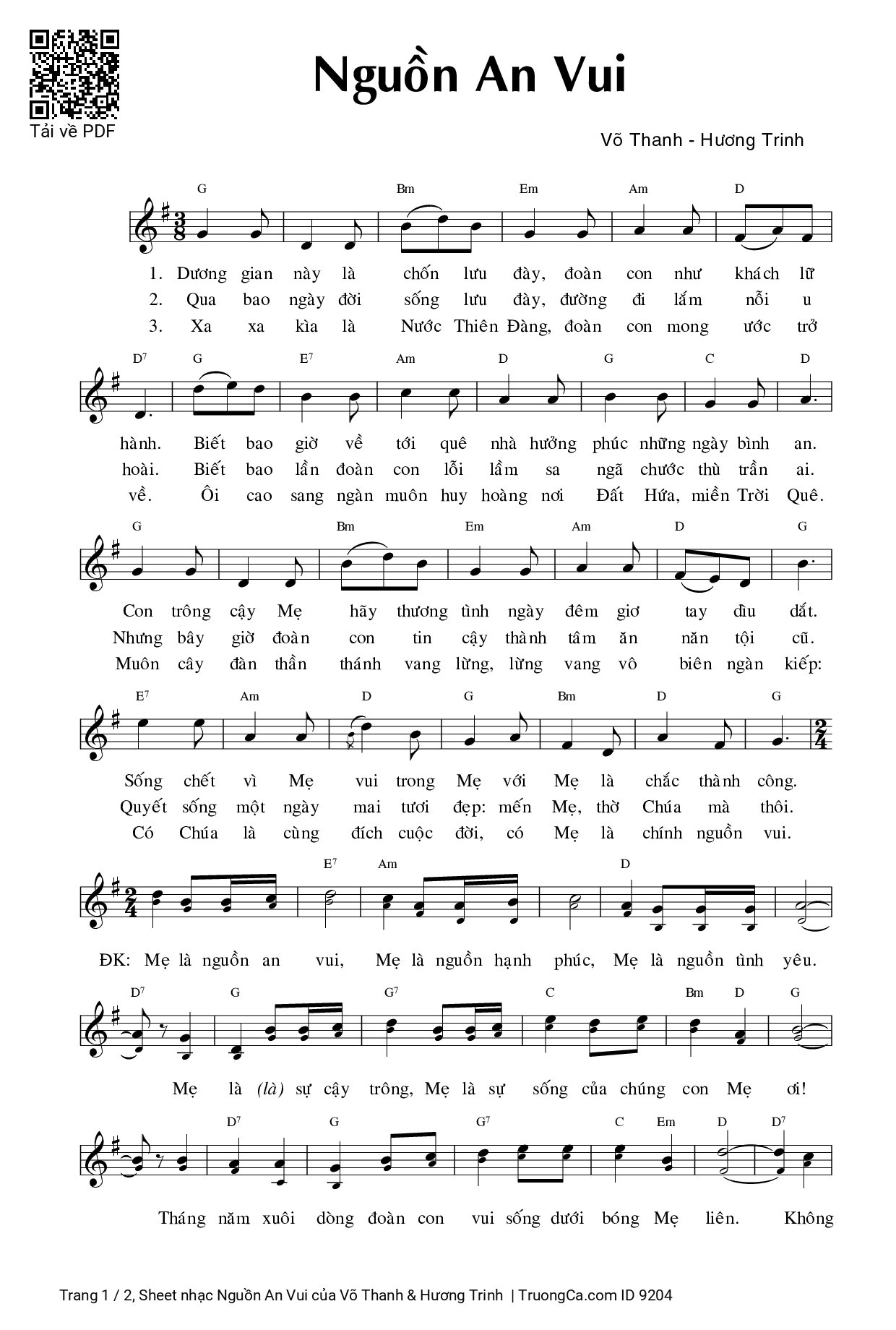 Sheet PDF of Nguồn An Vui - Võ Thanh & Hương Trinh