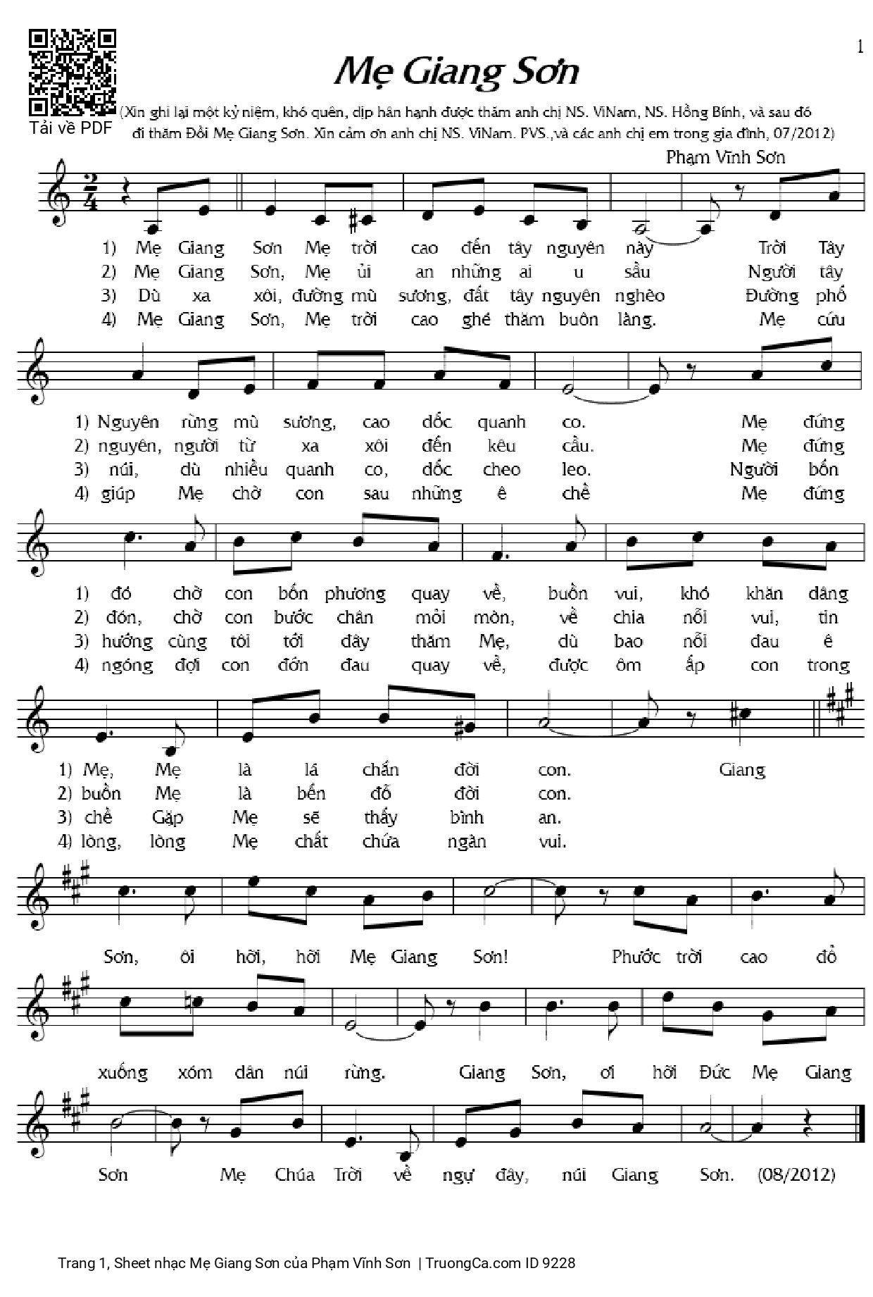 Page 1 of Sheet music PDF Mẹ Giang Sơn - Phạm Vĩnh Sơn