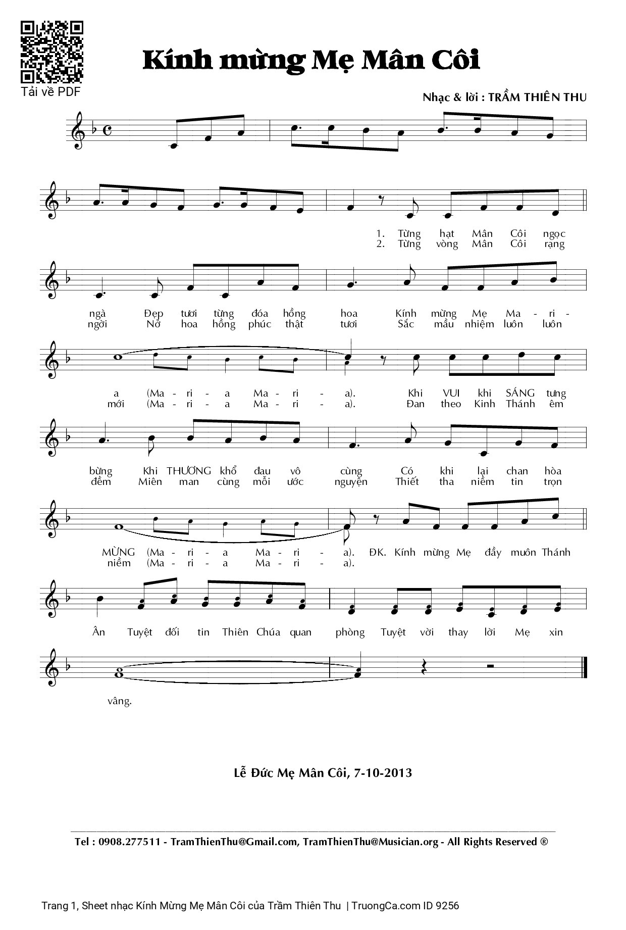 Sheet PDF of Kính Mừng Mẹ Mân Côi