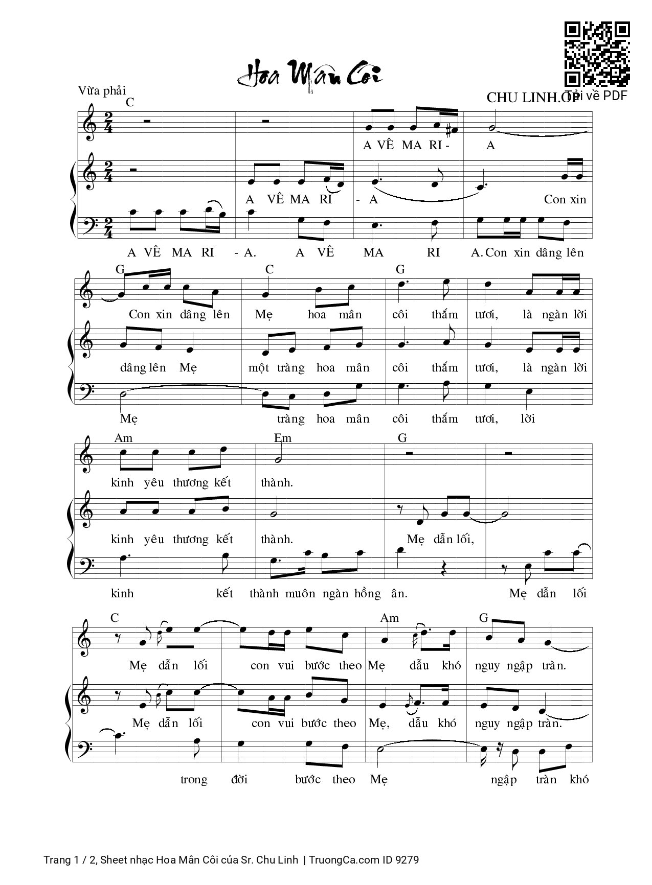 Page 1 of Sheet music PDF Hoa Mân Côi - Sr. Chu Linh
