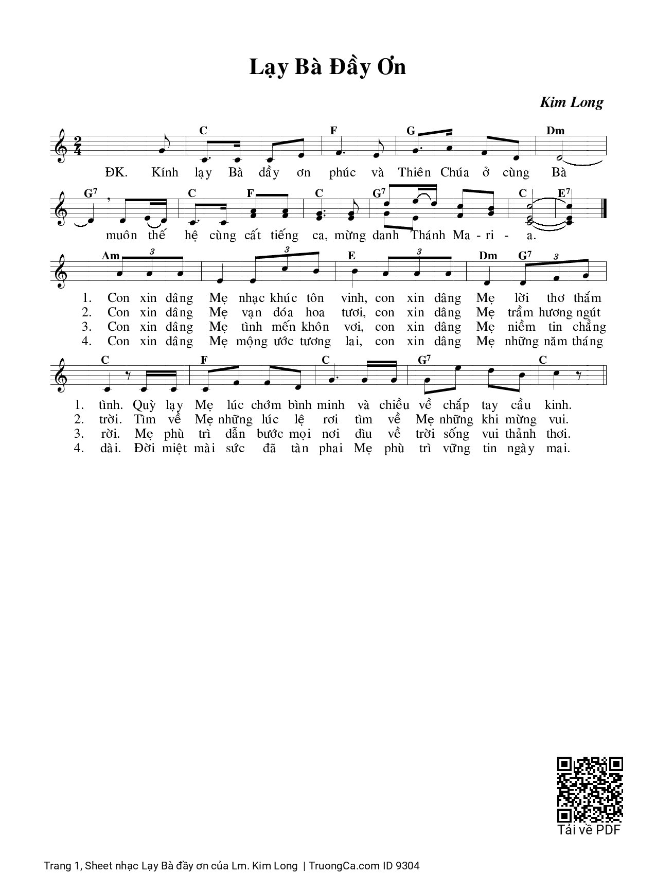 Page 1 of Sheet music PDF Lạy Bà đầy ơn - Lm. Kim Long