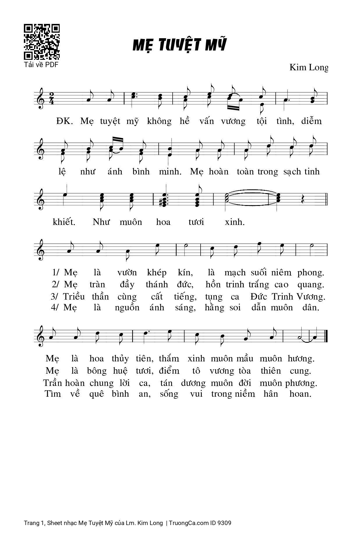 Page 1 of Sheet music PDF Mẹ Tuyệt Mỹ - Lm. Kim Long