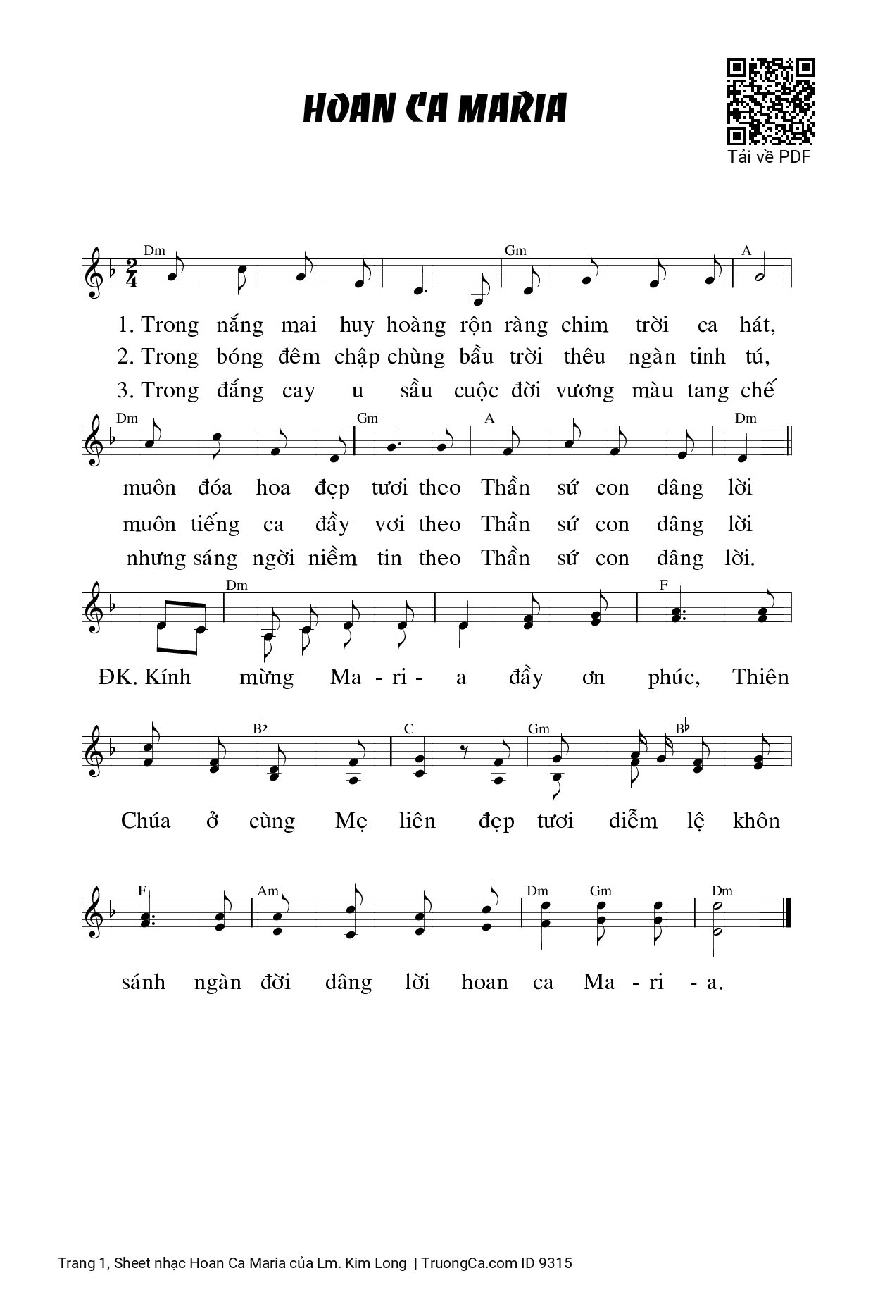 Sheet PDF of Hoan Ca Maria - Lm. Kim Long