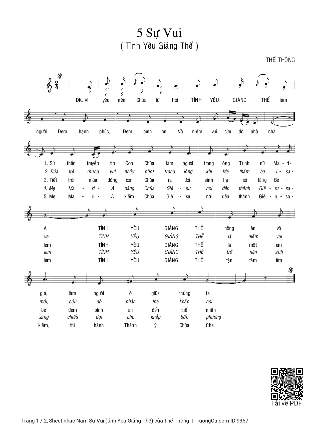 Sheet PDF of Năm Sự Vui (tình Yêu Giáng Thế)