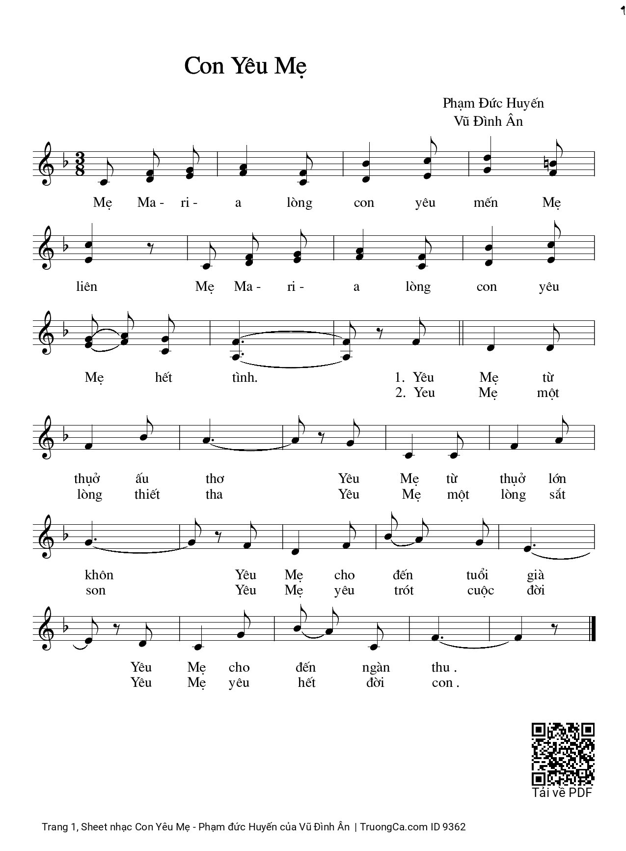 Sheet PDF of Con Yêu Mẹ - Phạm đức Huyến