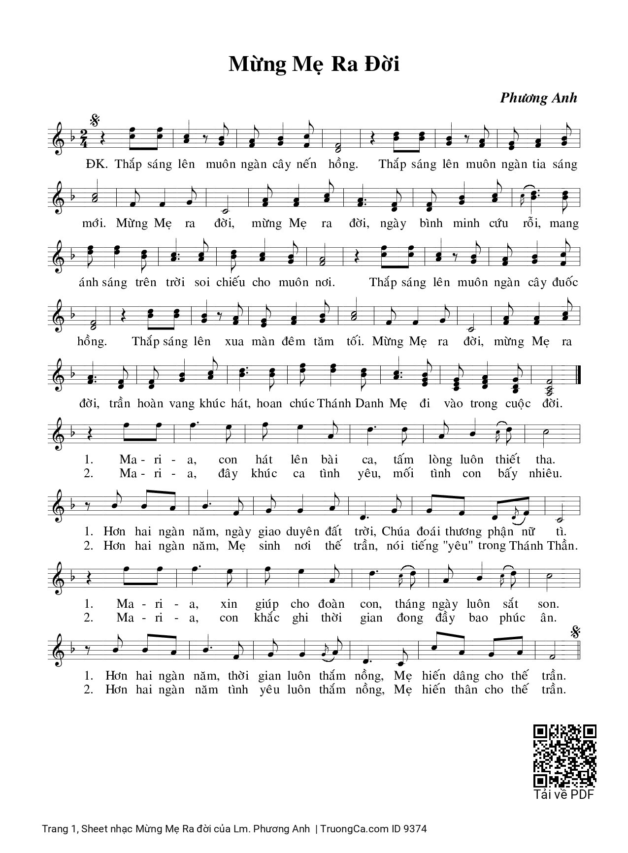 Page 1 of Sheet music PDF Mừng Mẹ Ra đời - Lm. Phương Anh