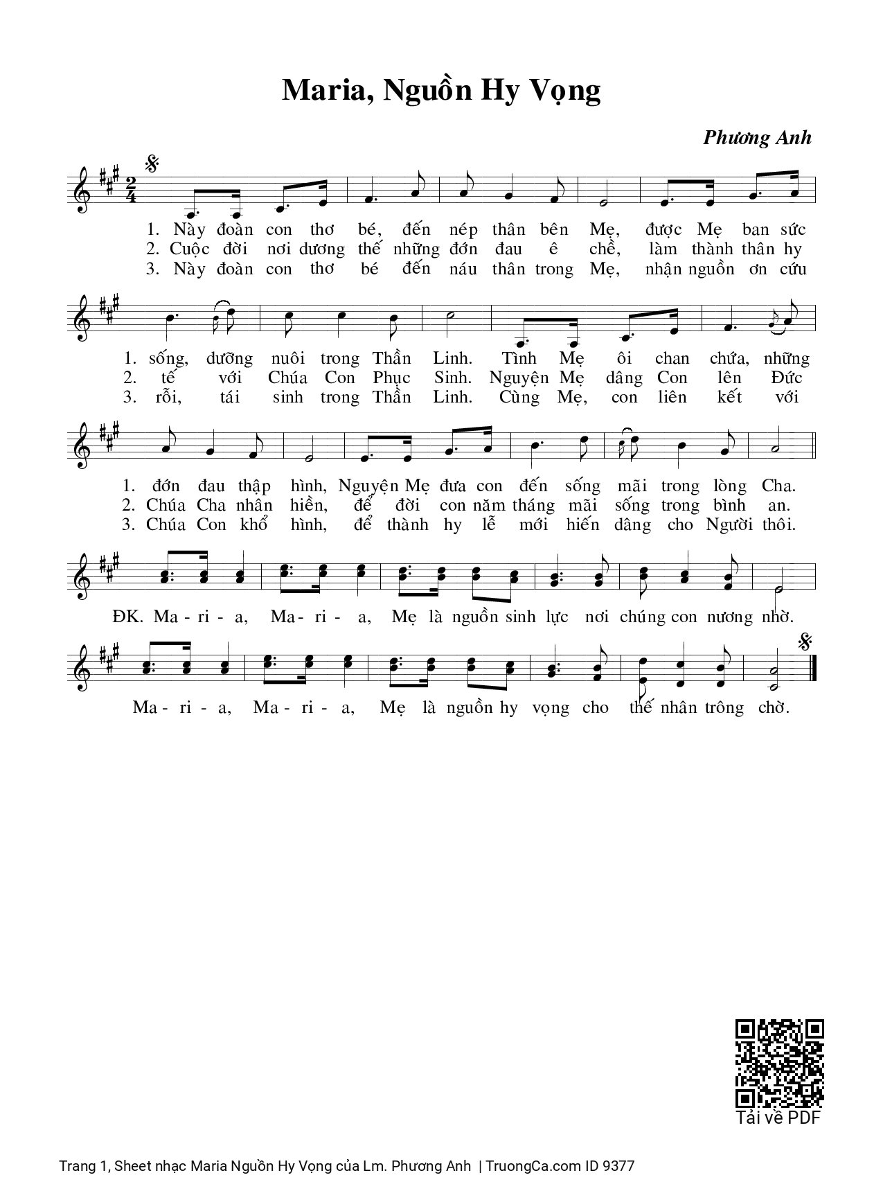 Page 1 of Sheet music PDF Maria Nguồn Hy Vọng - Lm. Phương Anh