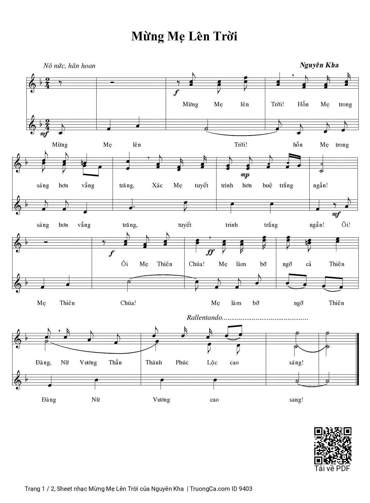 Page 1 of Sheet music PDF Mừng Mẹ Lên Trời - Nguyên Kha