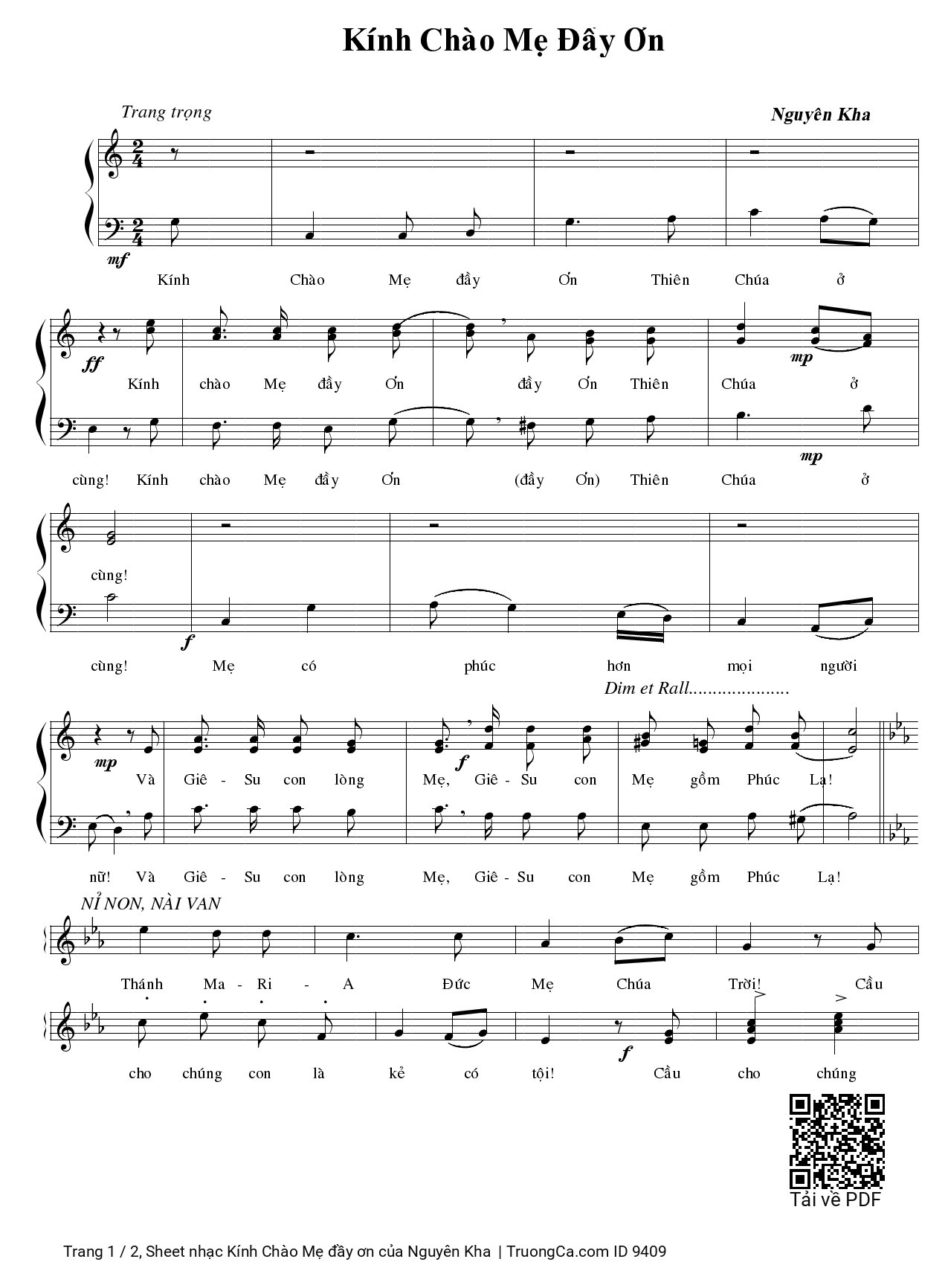 Page 1 of Sheet music PDF Kính Chào Mẹ đầy ơn - Nguyên Kha