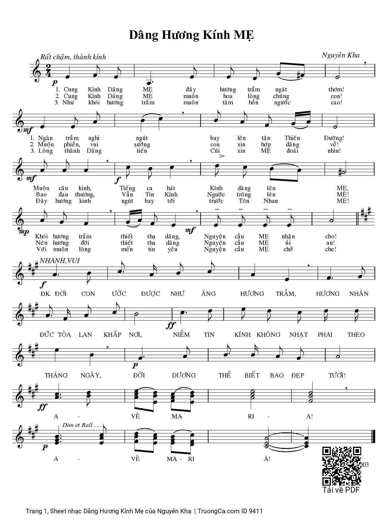 Page 1 of Sheet music PDF Dâng Hương Kính Mẹ - Nguyên Kha
