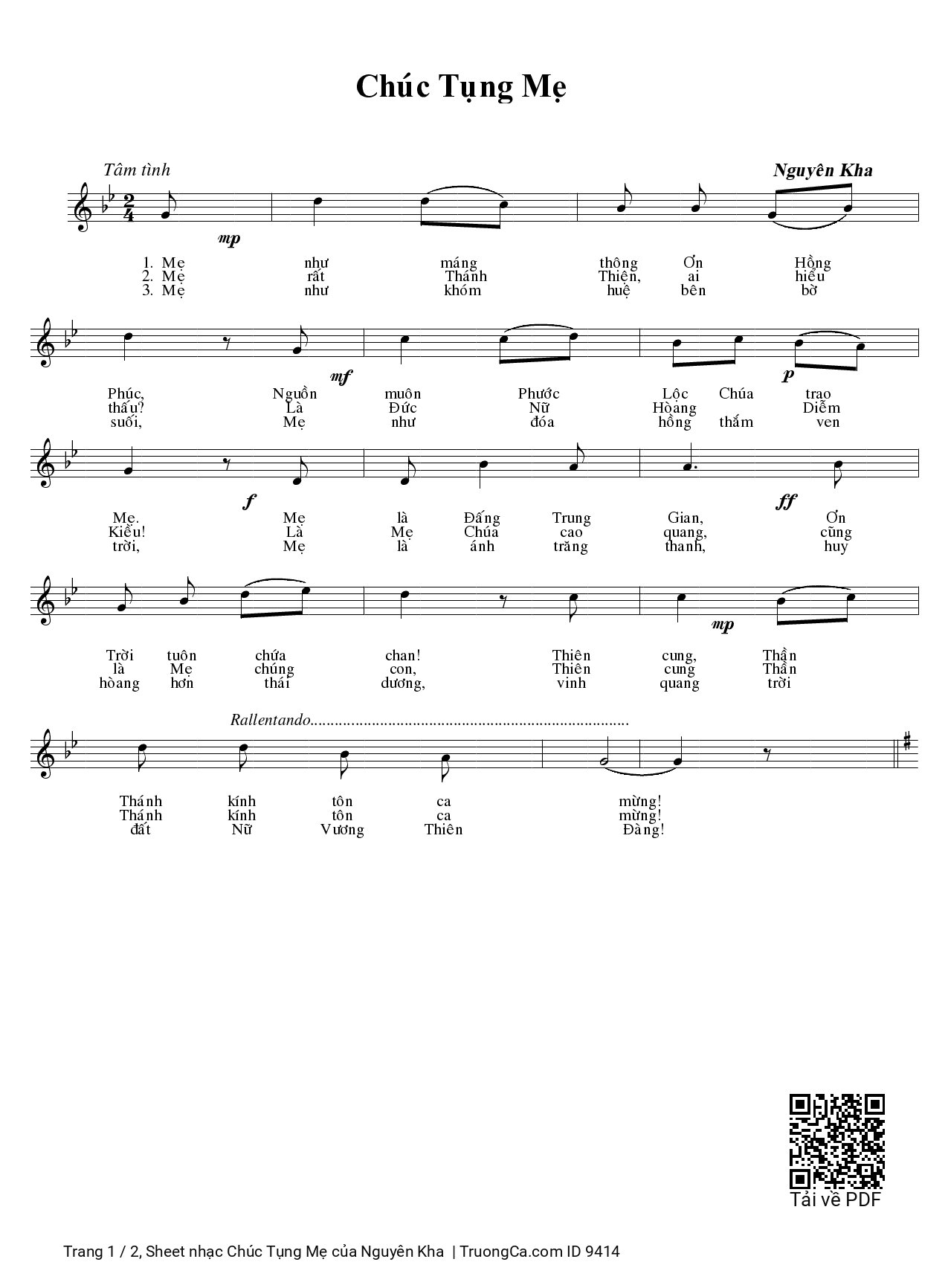 Page 1 of Sheet music PDF Chúc Tụng Mẹ - Nguyên Kha