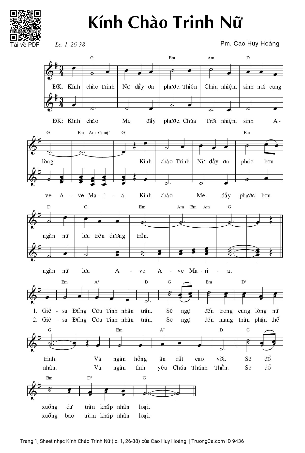 Sheet PDF of Kính Chào Trinh Nữ (lc. 1, 26-38)