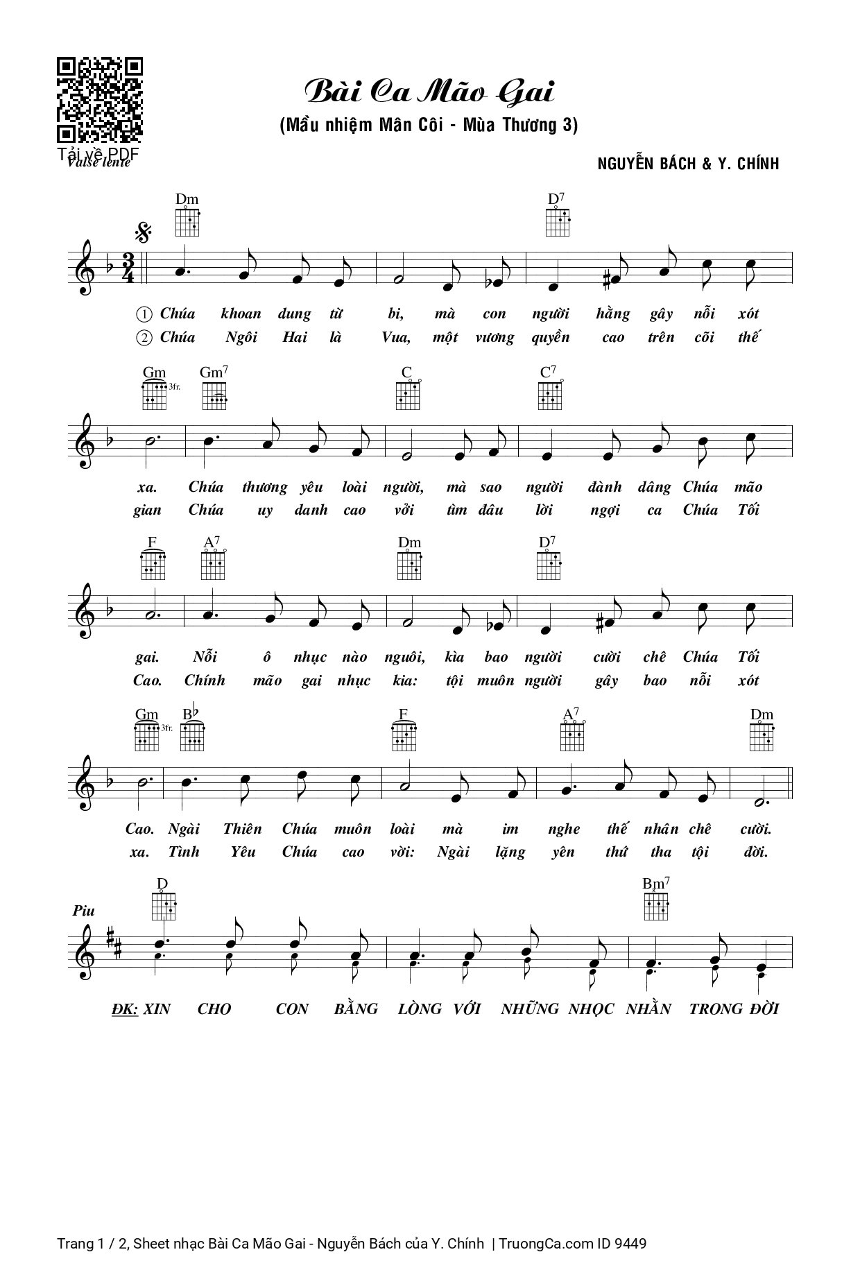 Sheet PDF of Bài Ca Mão Gai - Nguyễn Bách
