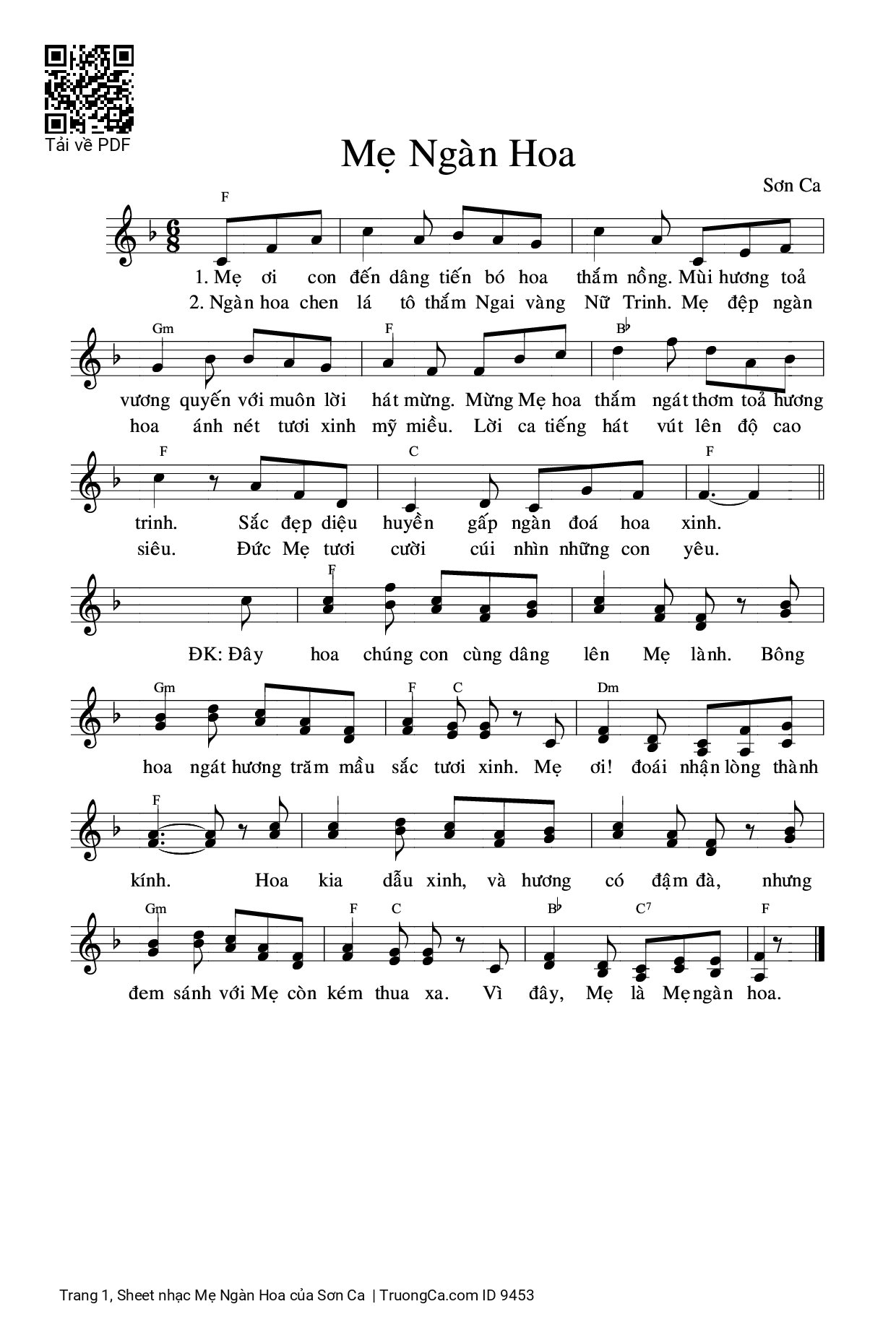 Page 1 of Sheet music PDF Mẹ Ngàn Hoa - Sơn Ca