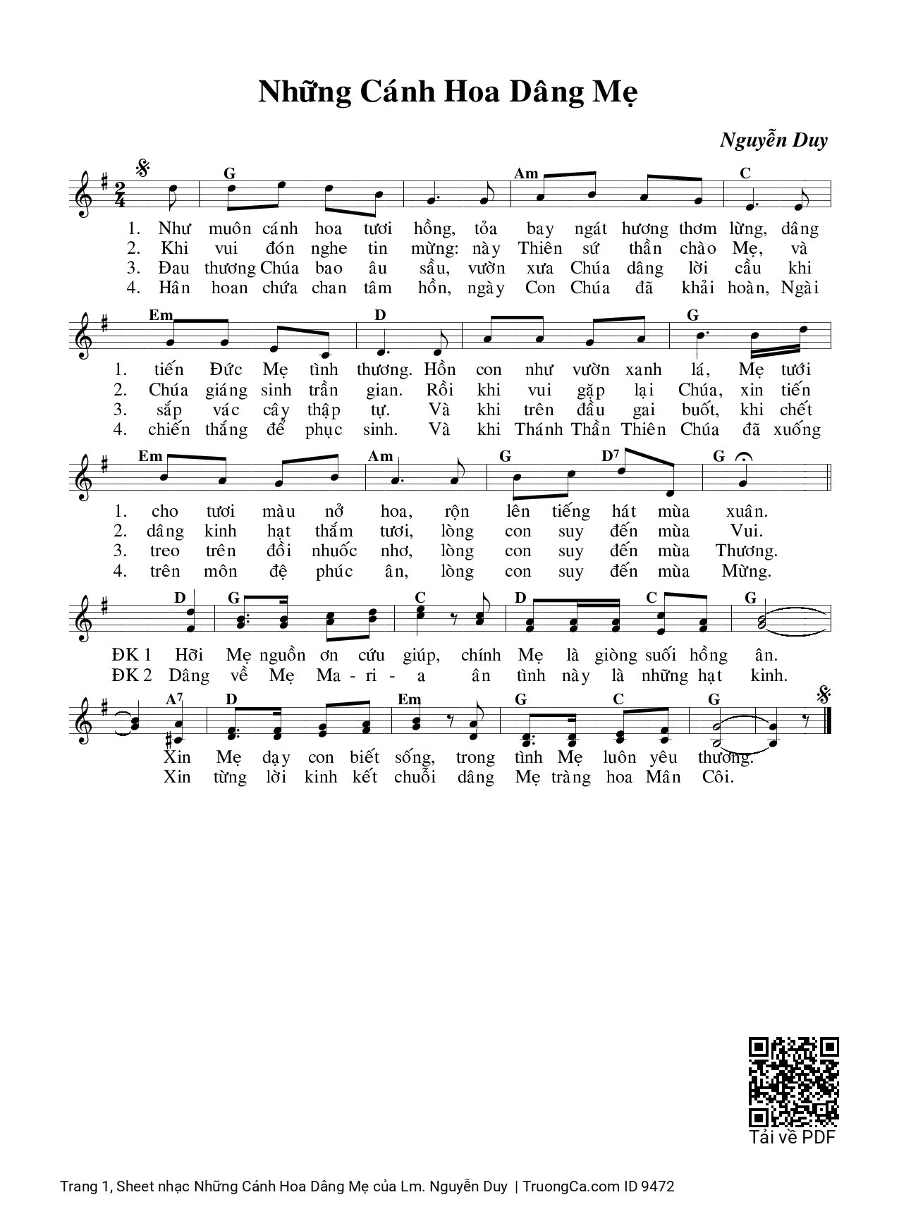 Sheet PDF of Những Cánh Hoa Dâng Mẹ