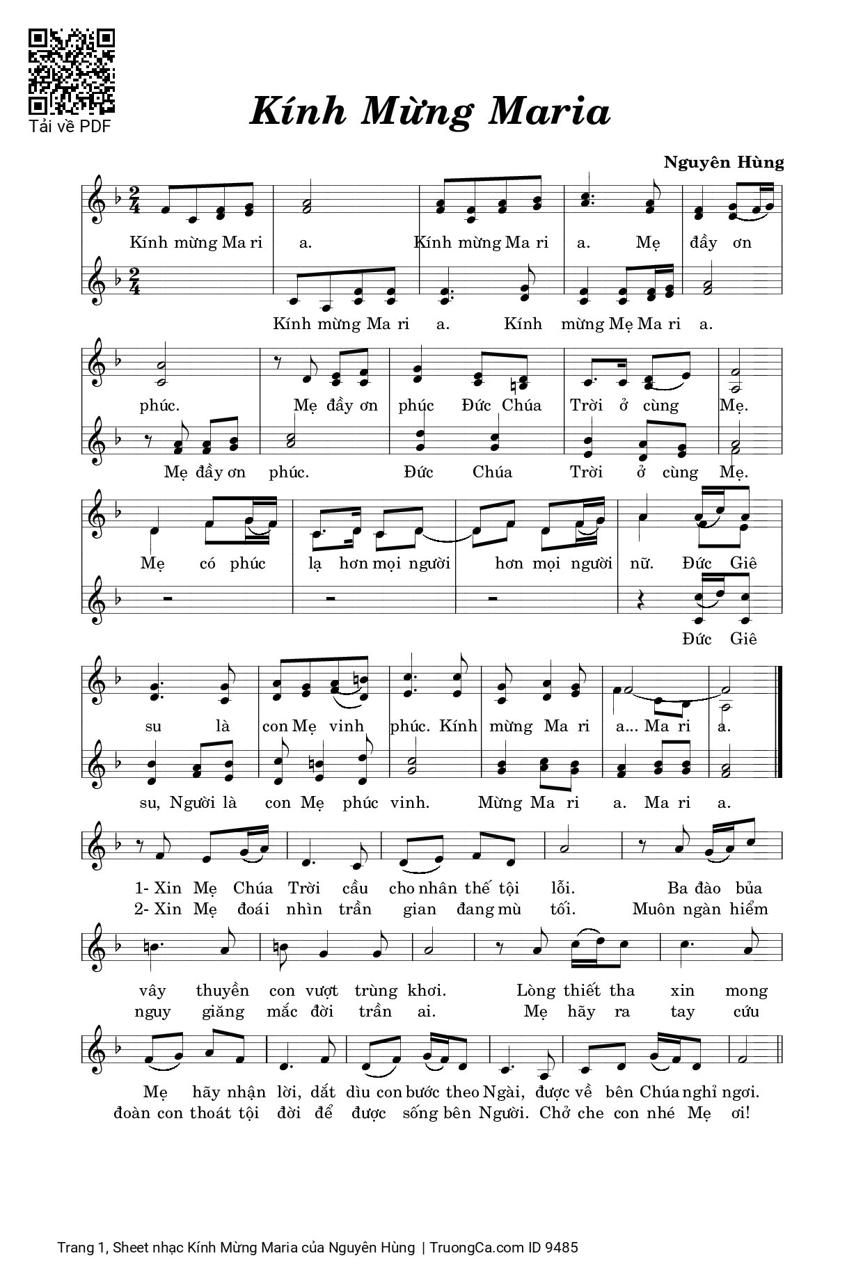 Page 1 of Sheet music PDF Kính Mừng Maria - Nguyên Hùng