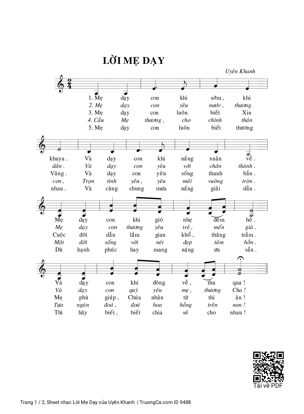 Sheet PDF of Lời Mẹ Dạy