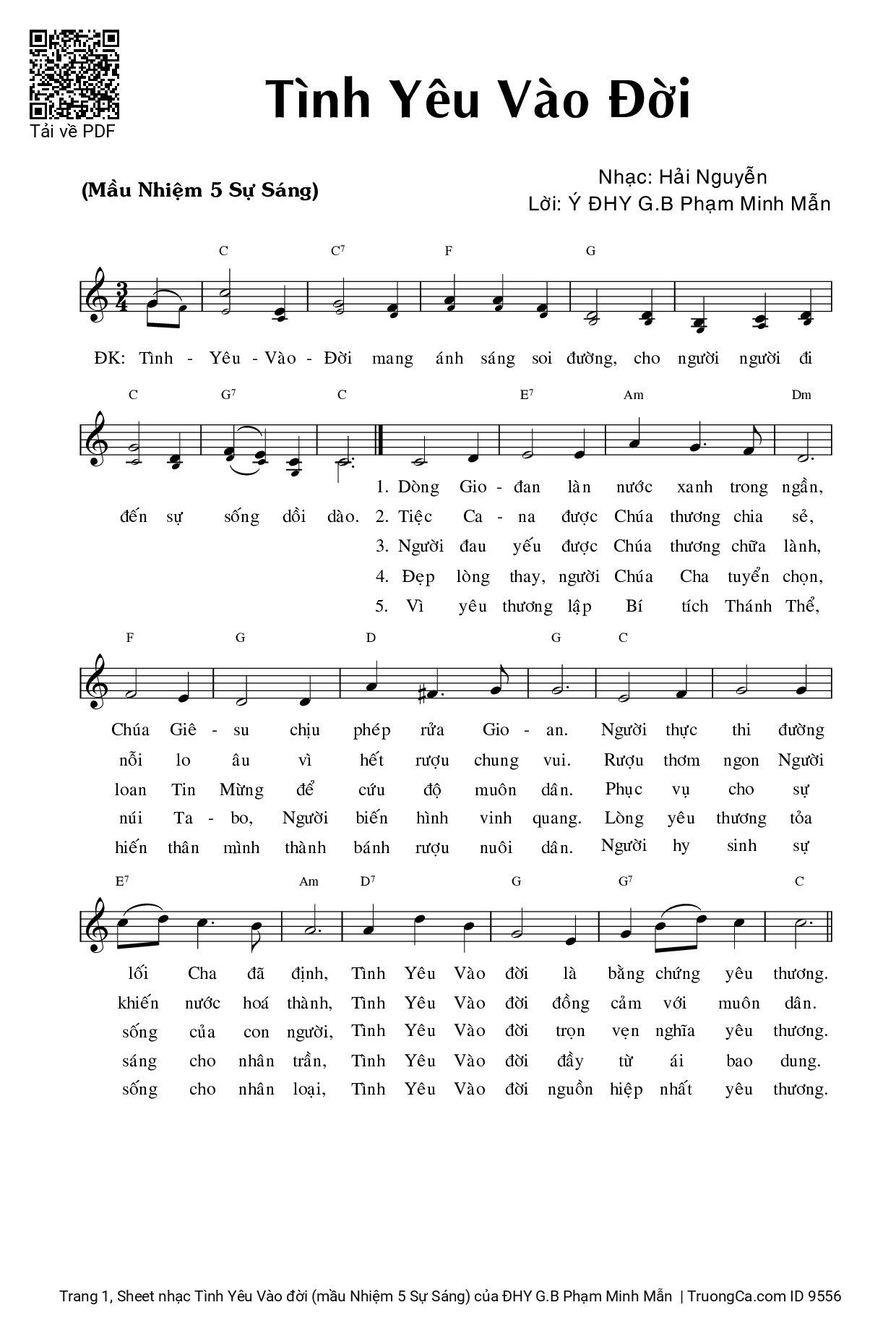 Page 1 of Sheet music PDF Tình Yêu Vào đời (mầu Nhiệm 5 Sự Sáng) - ĐHY G.B Phạm Minh Mẫn