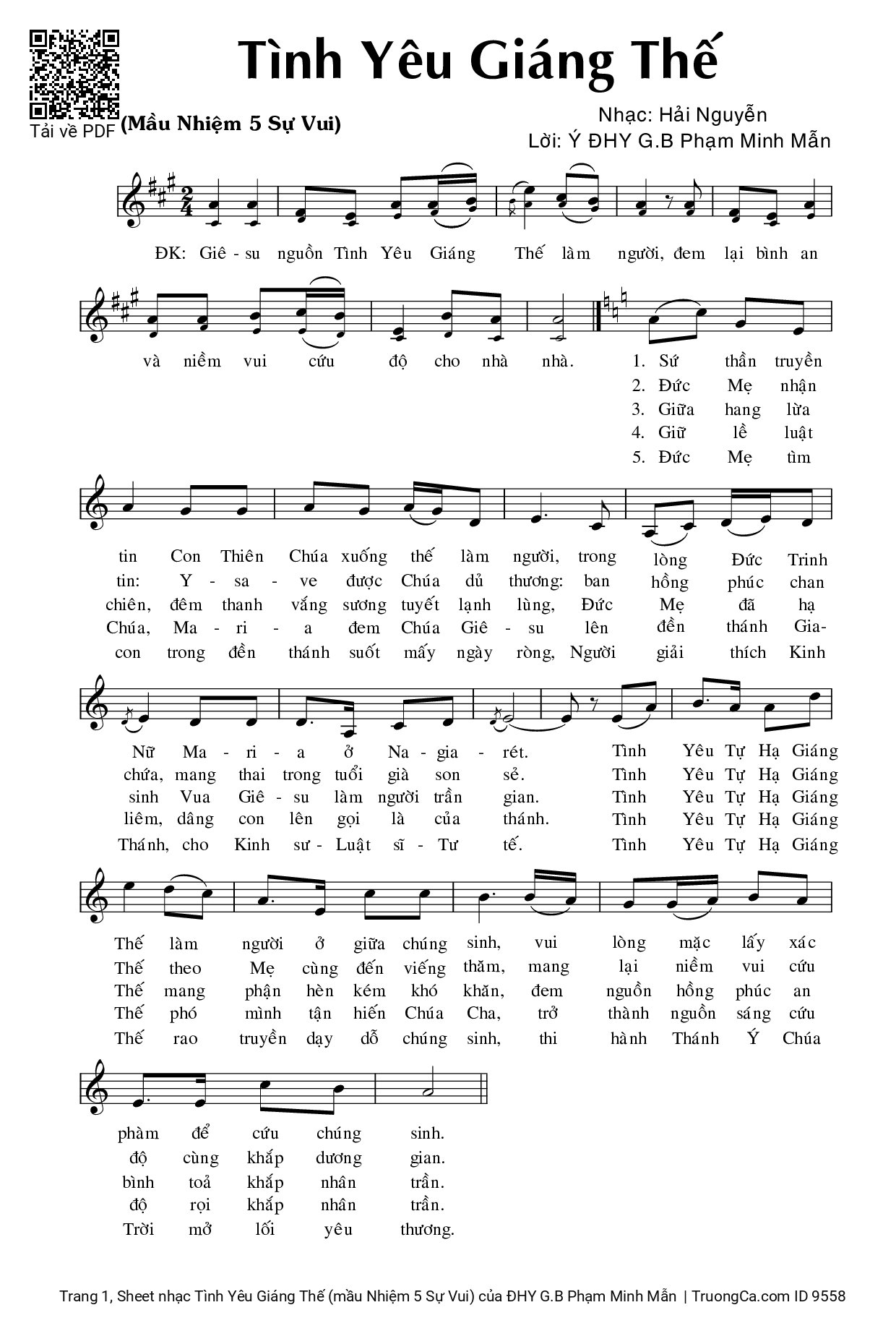 Sheet PDF of Tình Yêu Giáng Thế (mầu Nhiệm 5 Sự Vui)