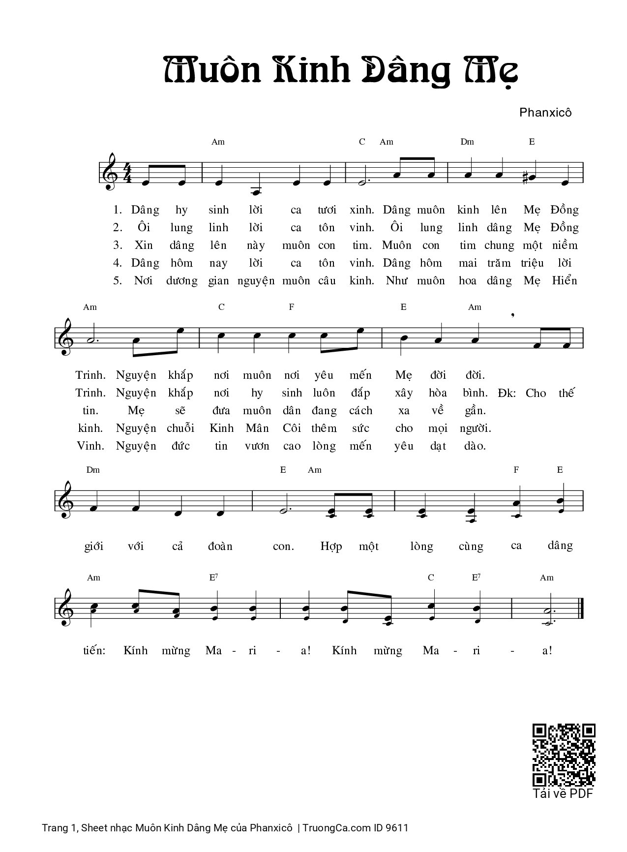 Page 1 of Sheet music PDF Muôn Kinh Dâng Mẹ - Phanxicô
