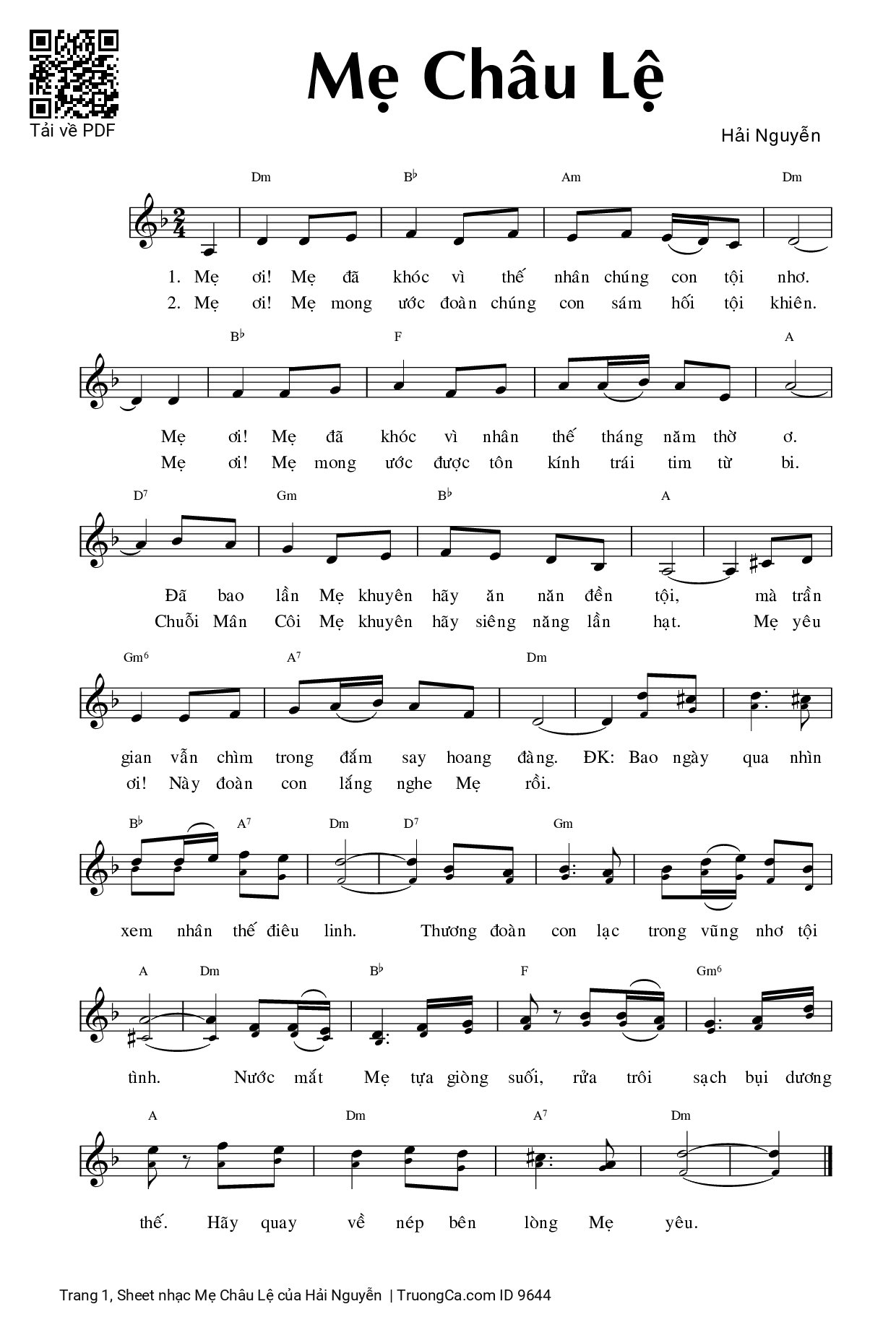 Page 1 of Sheet music PDF Mẹ Châu Lệ - Hải Nguyễn