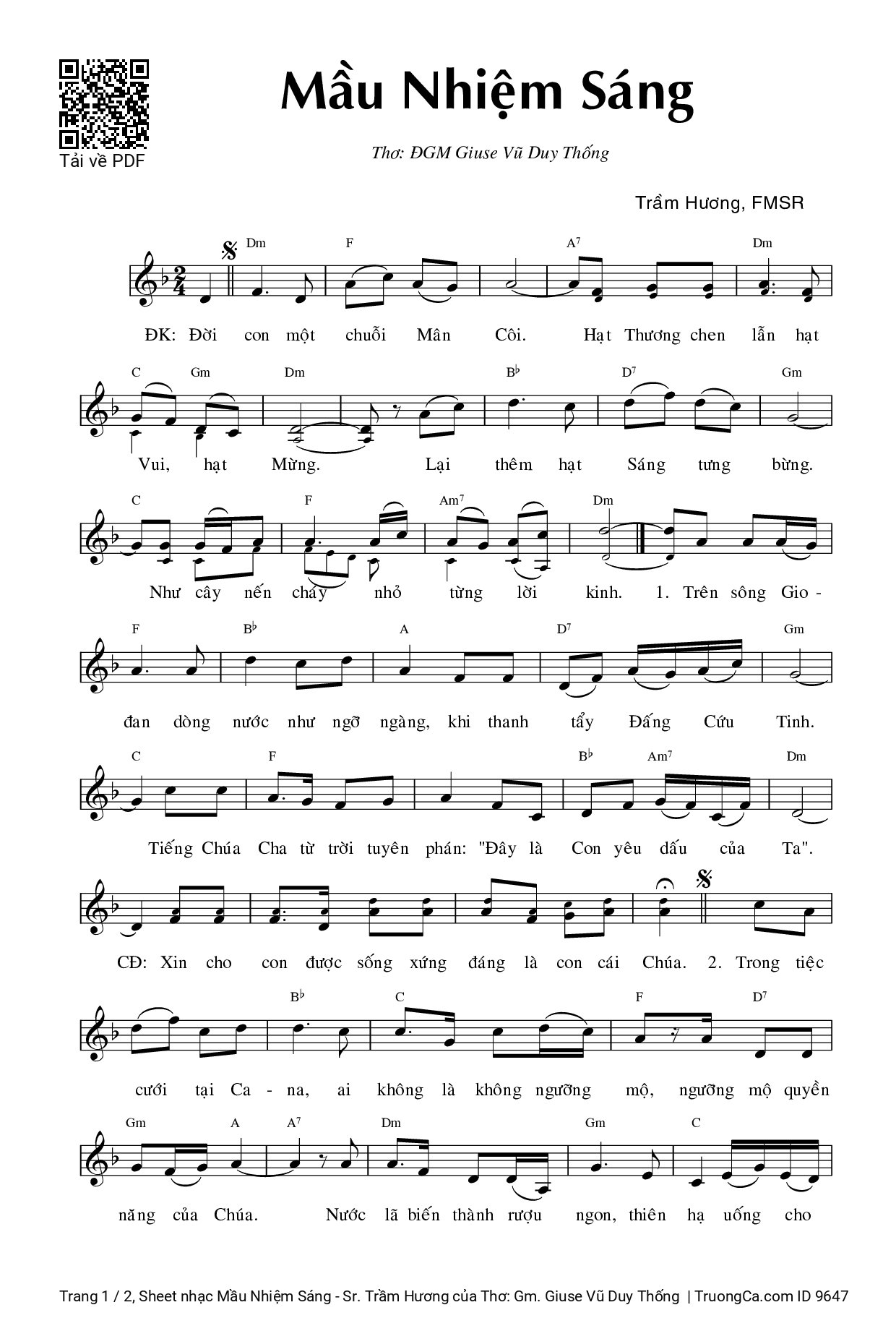 Sheet PDF of Mầu Nhiệm Sáng - Sr. Trầm Hương